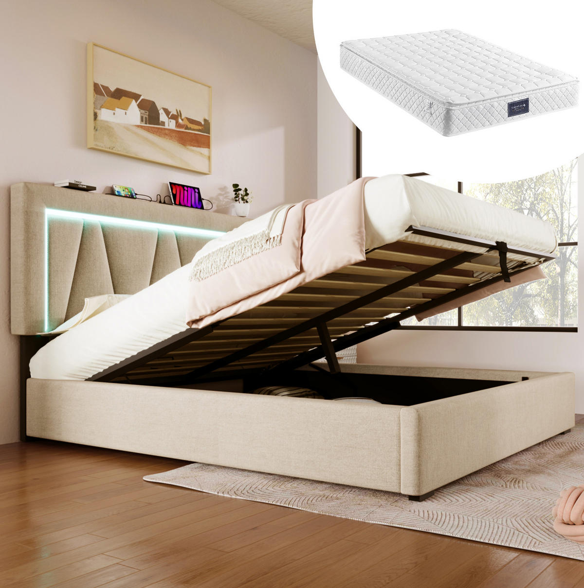 POLSTERBETT mit Stauraum, USB und LED 140x200 cm Beige inkl. Matratze - Beige, Metall (140/200cm) - Meubliv
