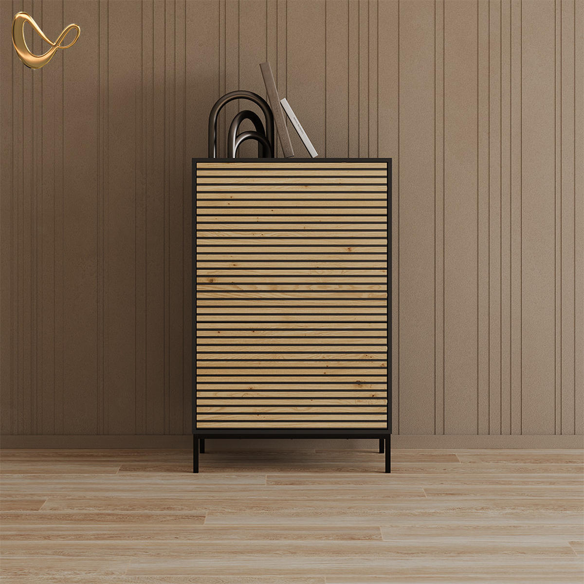 KOMMODE Aterno Goldkraft Eiche/Anthrazit 76 x 120 cm mit 5 Schubladen - Honigeiche/Anthrazit, Holzwerkstoff (76/120/40cm) - Livinity®
