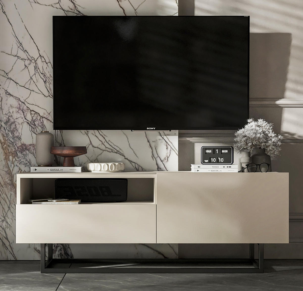 TV-SCHRANK Enjoy Kaschmir matt mit Metallrahmen Schublade 120 cm - Kaschmir/Schwarz, Holzwerkstoff/Metall (120/46/35cm) - Meble Lindner