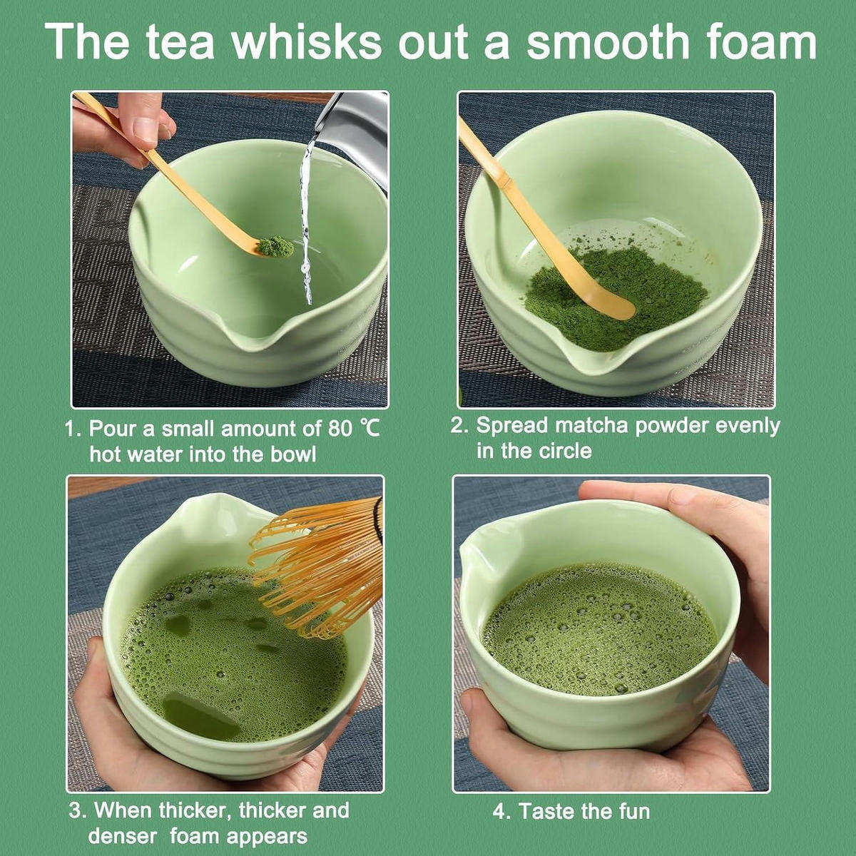 MATCHA Besen Set 4-teilig mit Löffeln und Halter cyanfarben - Türkis, Naturmaterialien (8/1.5/20cm)