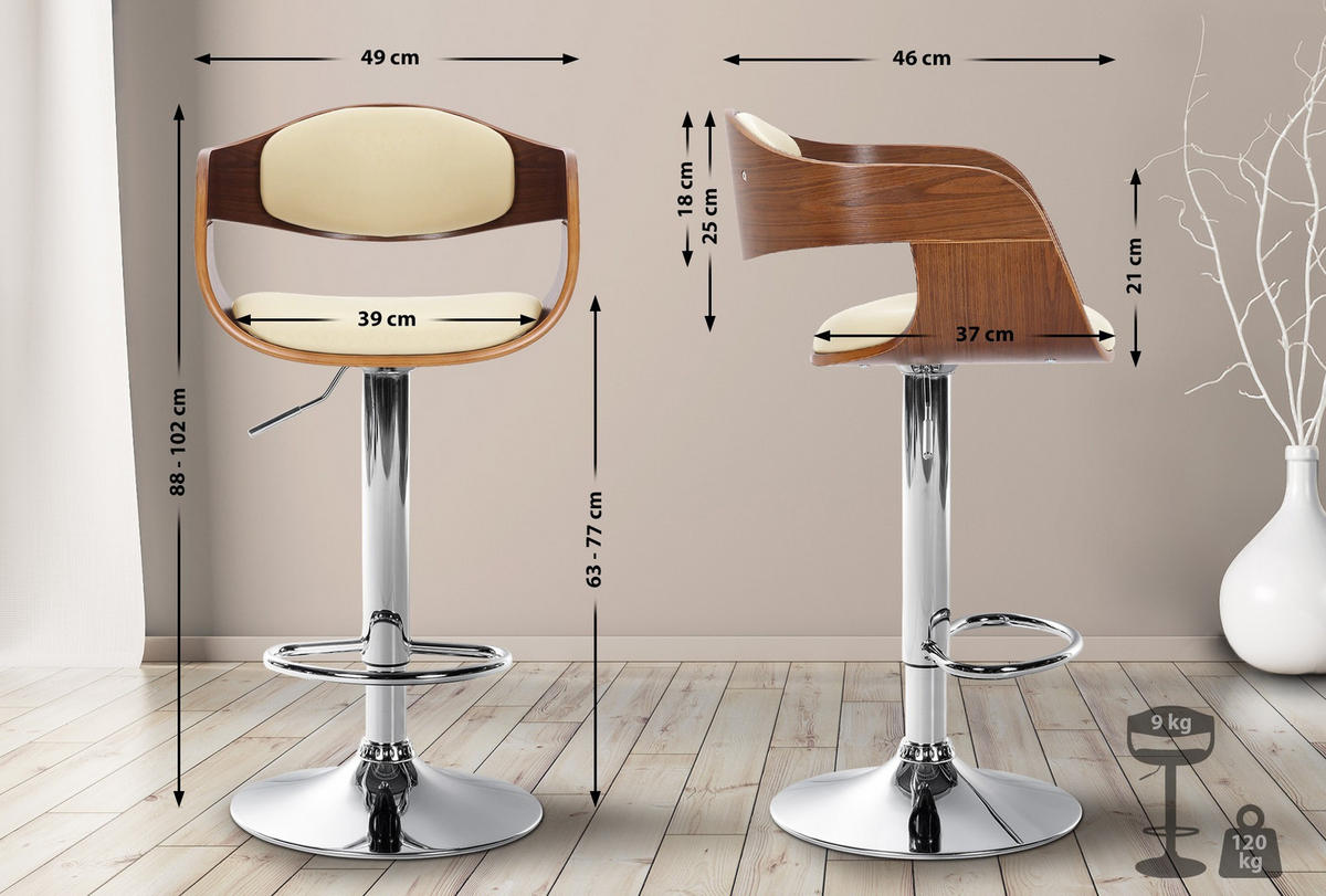 BARHOCKER Kingston 88-102 cm walnuss/creme - Creme, Leder (50/88/48cm) - furnicato