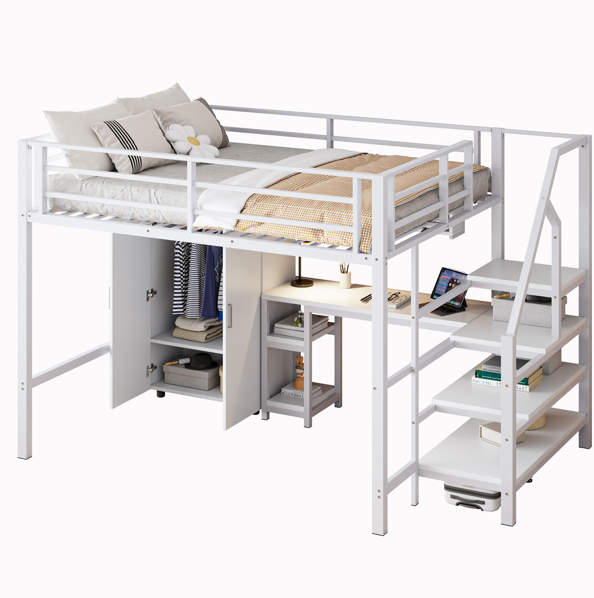 HOCHBETT 140/200 cm Weiß aus Metall mit Schreibtisch - Weiß, Metall (140/200cm) - OKMYHOME
