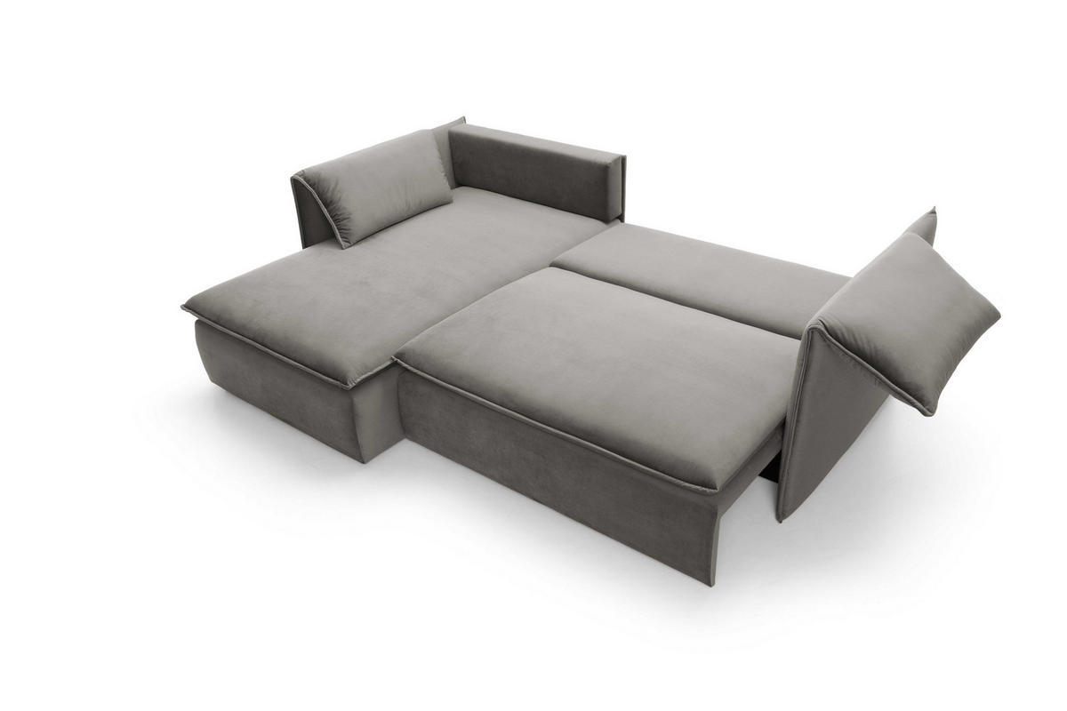 ECKSOFA PREGIO Grau Plüsch-Stoff mit Schlaffunktion - Grau, Holz (230/166cm) - MASSENO