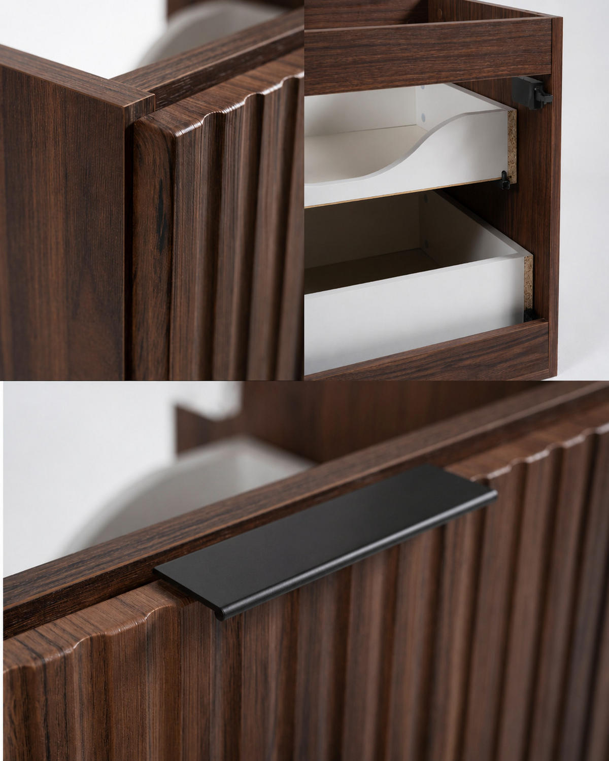BADMÖBEL-SET MIT WÄSCHEKORB: Eiche Nussbaum, Griffe Schwarz, 160 x 46 x 57 cm - Eichefarben/Schwarz, Holzwerkstoff (160/57/46cm) - 3XE LIVING