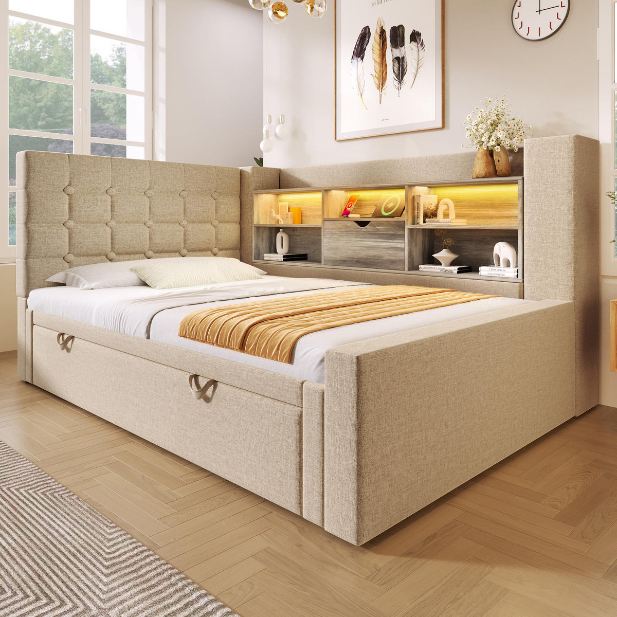 POLSTERBETT 90×200 cm aus Leinen-Stoff und Metall mit LED-Beleuchtung und USB-C-Ladefunktion, beige - Beige, Textil (90/200cm) - Luhomfu