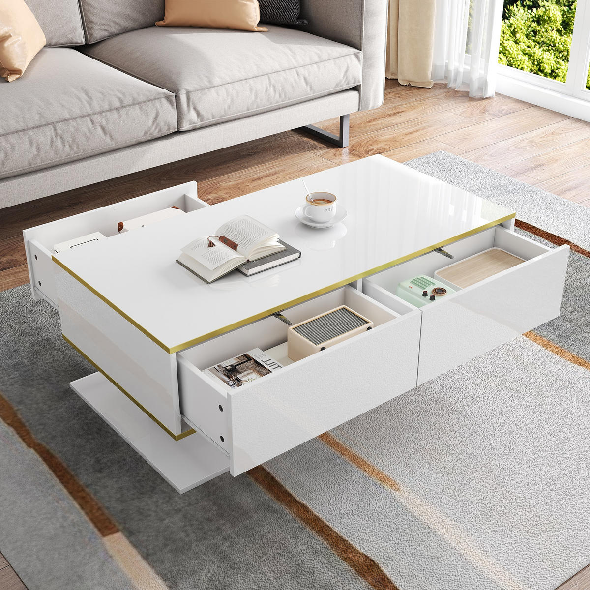COUCHTISCH 100cm LED Hochglanz Gold 3 Schubladen modern - Weiß, Holzwerkstoff (100/50/40cm) - FLIEKS