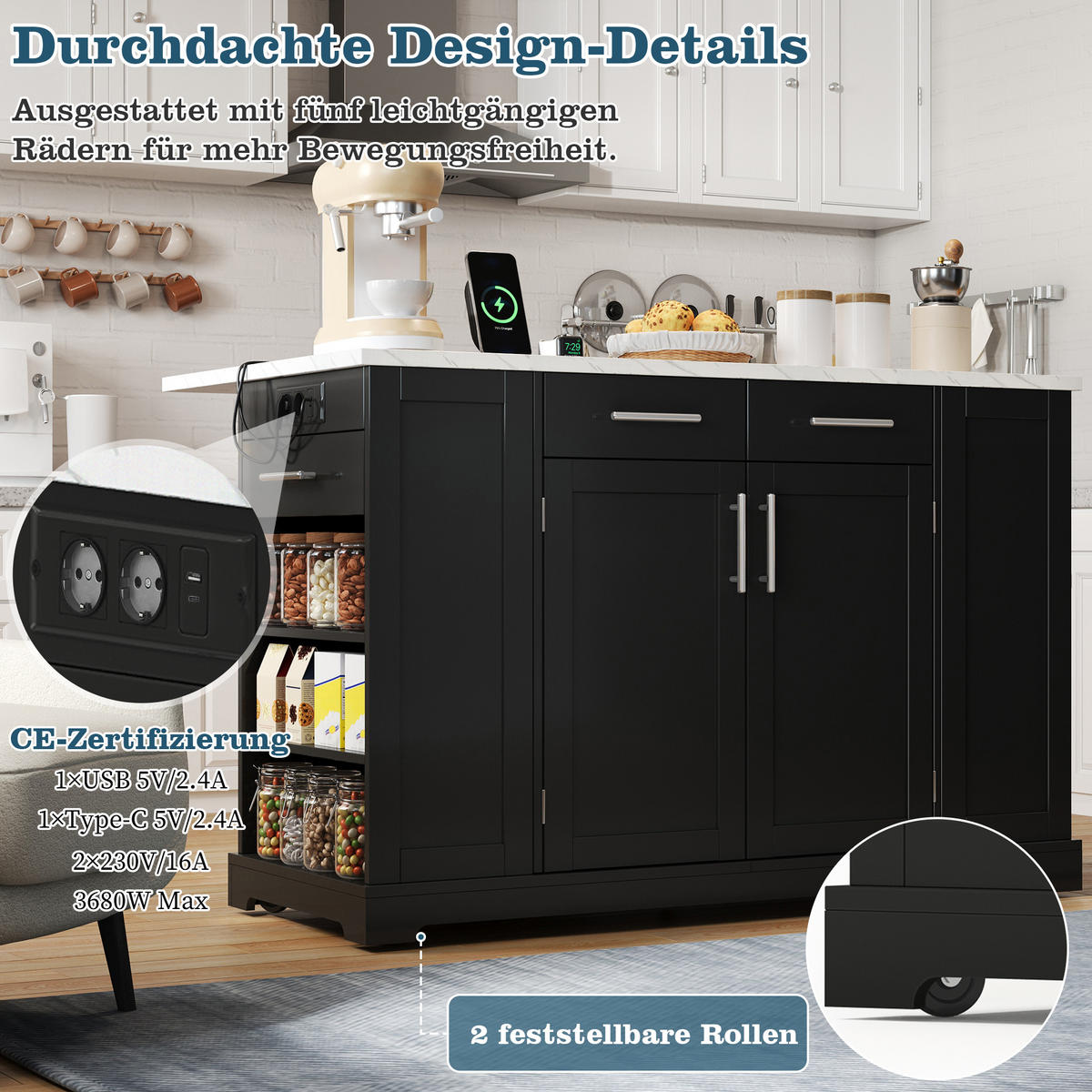 KÜCHENINSEL 138/56/92 cm Schwarz + Weiß mit 3 Schubladen, klappbare Arbeitsplatte und ausziehbarer Mülleimer - Multicolor, Holz/Holzwerkstoff (86/92/138cm) - Oxeza