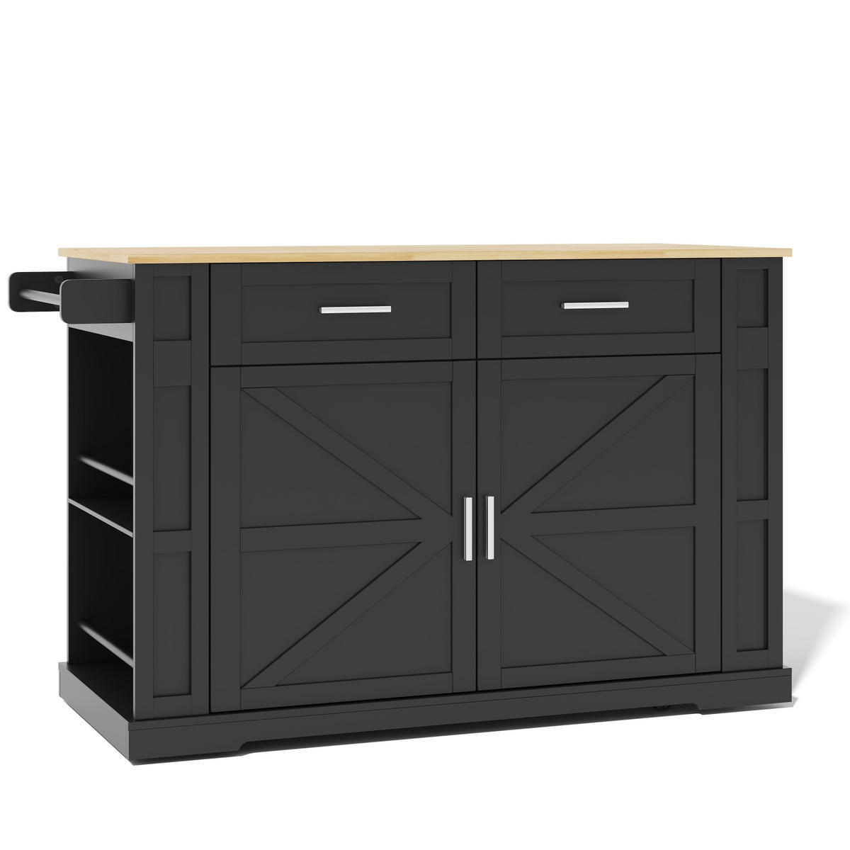 KÜCHENINSEL 130/50/93 cm Schwarz mit 2 Schubladen, ausziehbarer Arbeitsplatte und 7 Rollen - Schwarz, Holz (50/93/130cm) - Oxeza