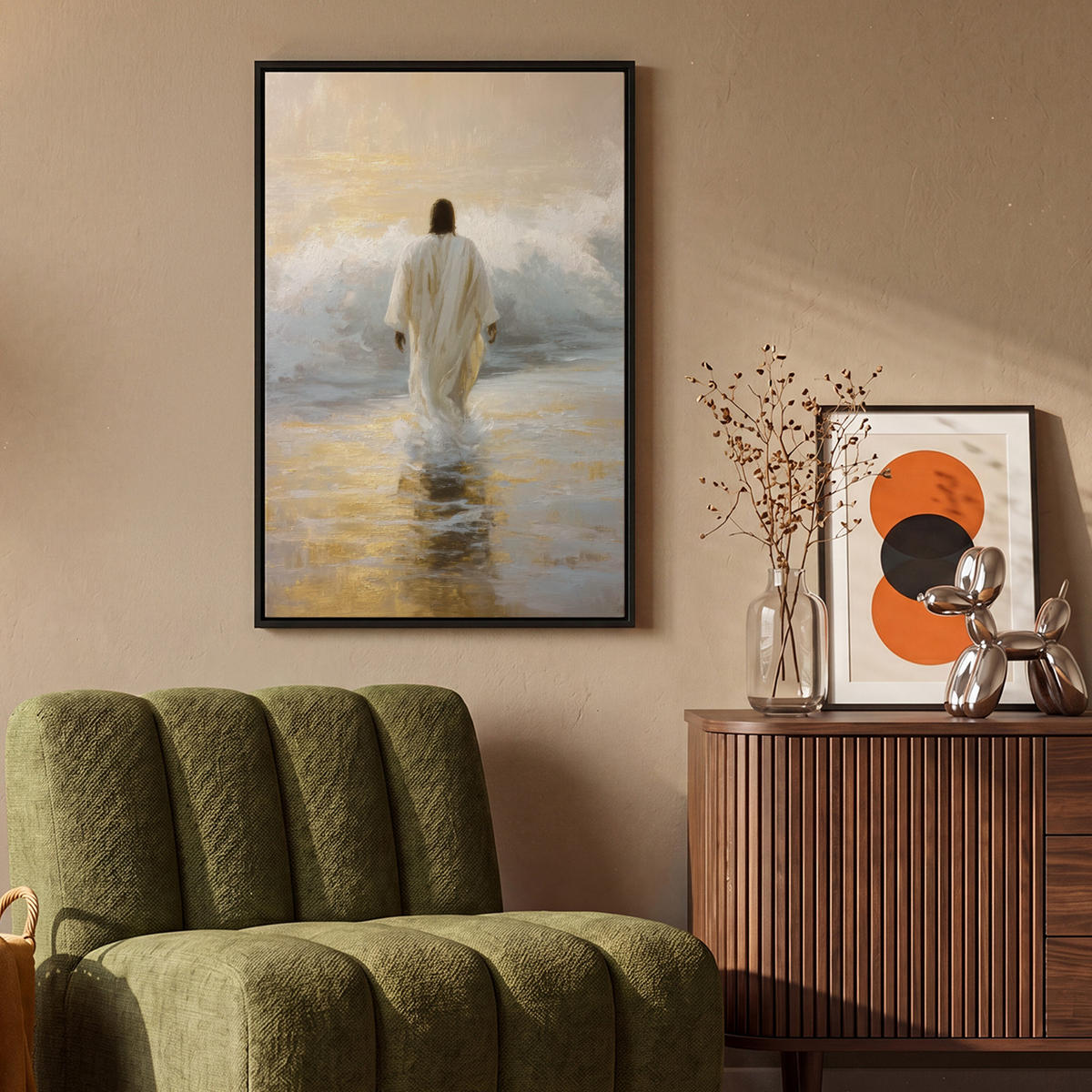 LEINWAND Bilder mit Rahmen - Gemälde - Welle - Jesus - Abstrakt - 60x90 - Goldfarben, Textil (60/90cm) - MuchoWow