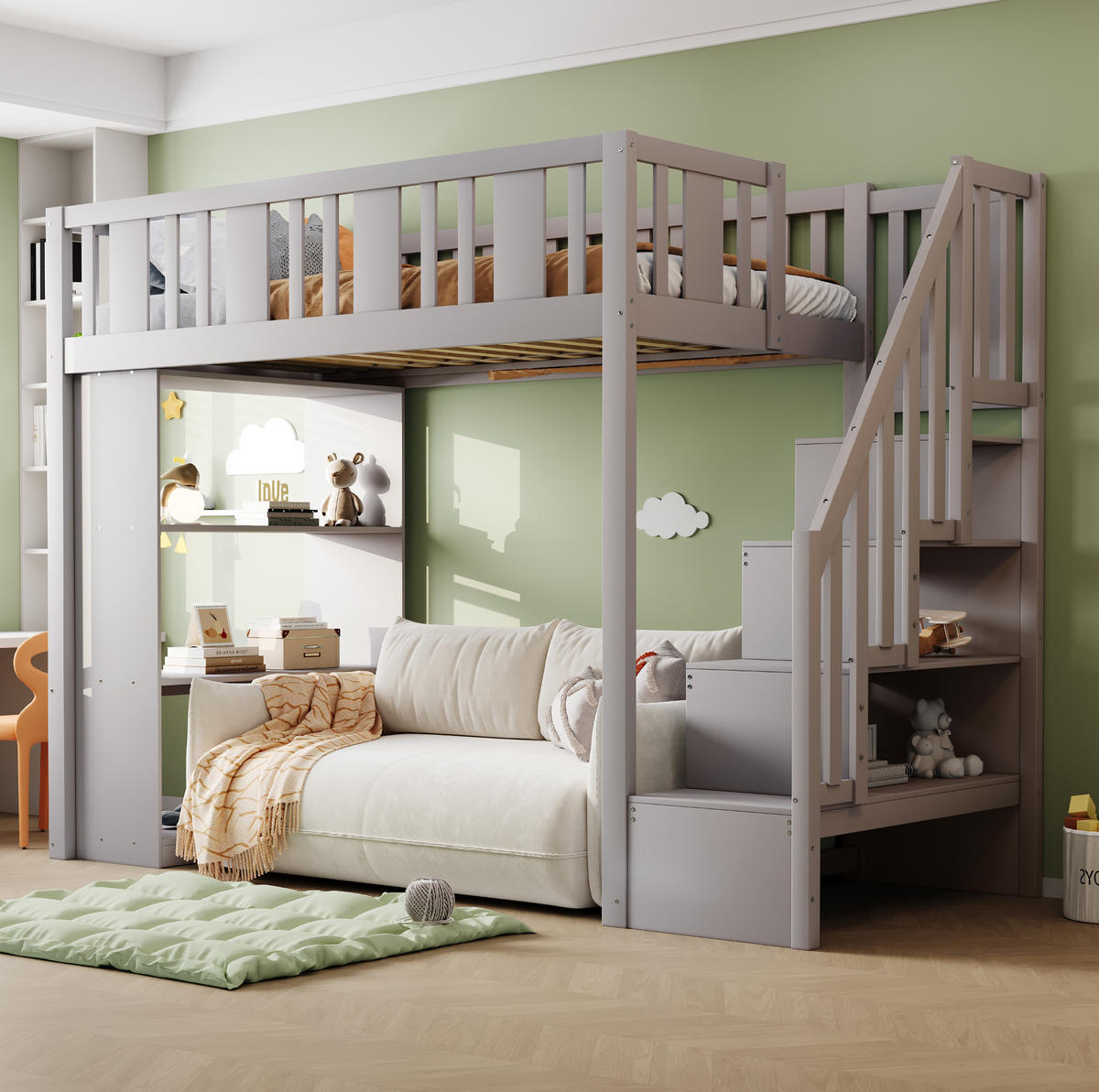 HOCHBETT 90/200 cm Grau aus Holz mit Stauraumtreppe - Grau, Holz (90/200cm) - OKMYHOME