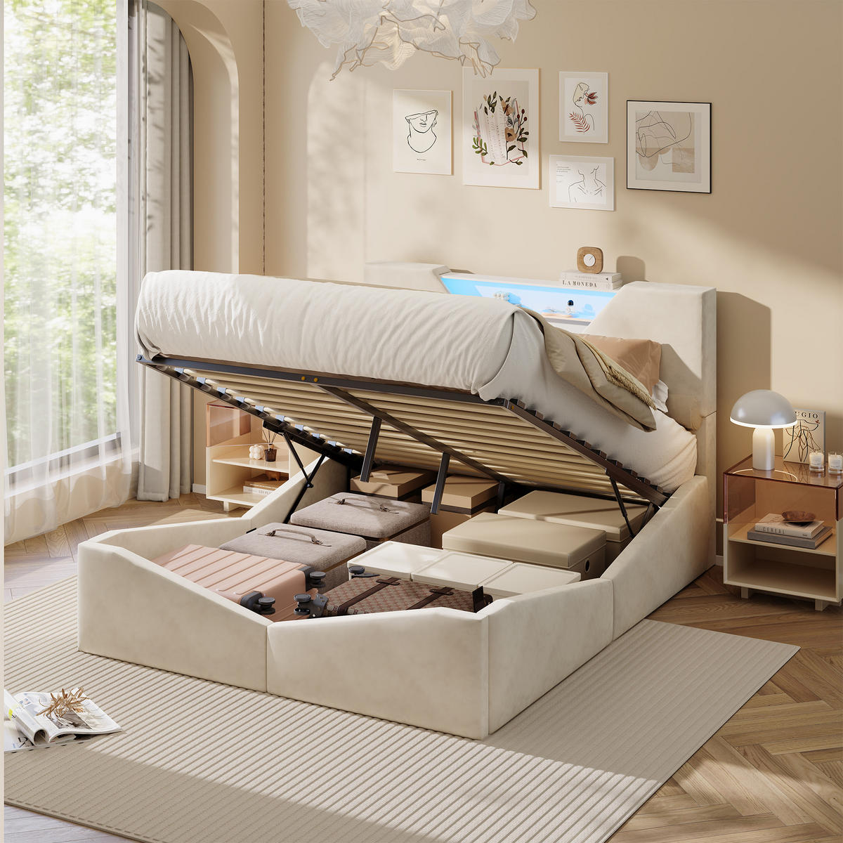 POLSTERBETT 140x190 cm mit Bettkasten, LED & USB, Doppelbett mit Kopfteil Stauraum, Beige - Beige, Metall (140/190cm) - EuroLiving
