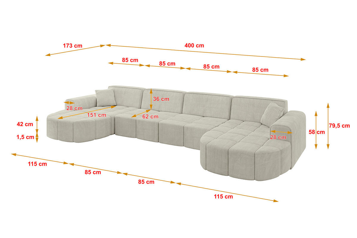 WOHNLANDSCHAFT LIVO-U2 - 400x173x79,5 cm Creme - Hellgrau/Creme, Holzwerkstoff/Textil (400/79/173cm) - ALTDECOR