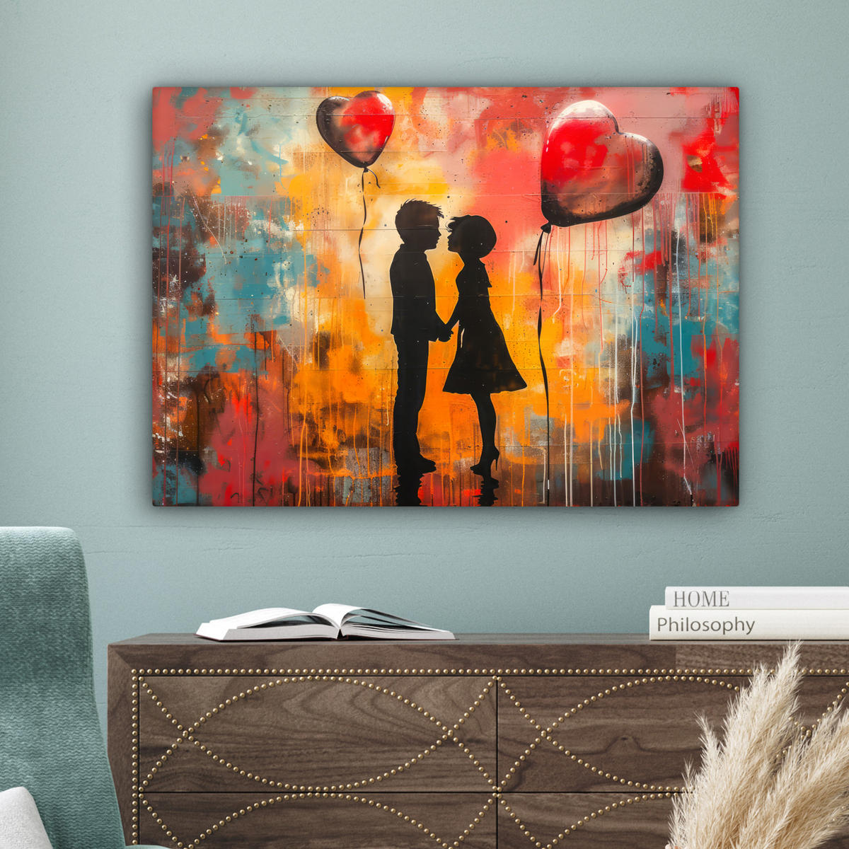 LEINWANDBILD Straßenkunst - Liebe - Graffiti - Kunst - Banksy 80x60 cm - Orange, Textil (80/60cm) - MuchoWow