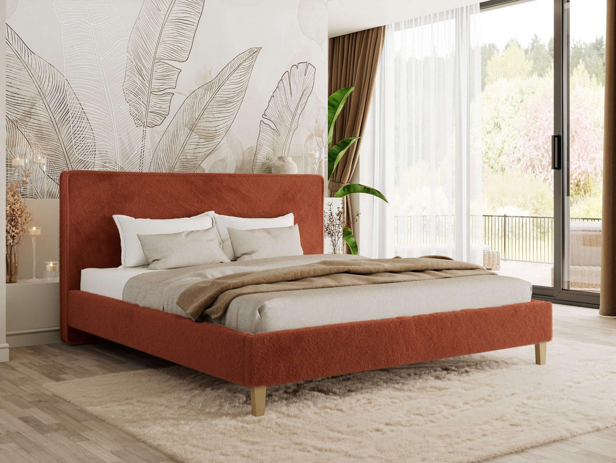 ČALÚNENÁ POSTEĽ LUMARO CLASSIC 140/200 - Oranžová Plyš - Matrac Multipocket - oranžová/jadrový buk, drevo/textil (140/200cm) - MKS