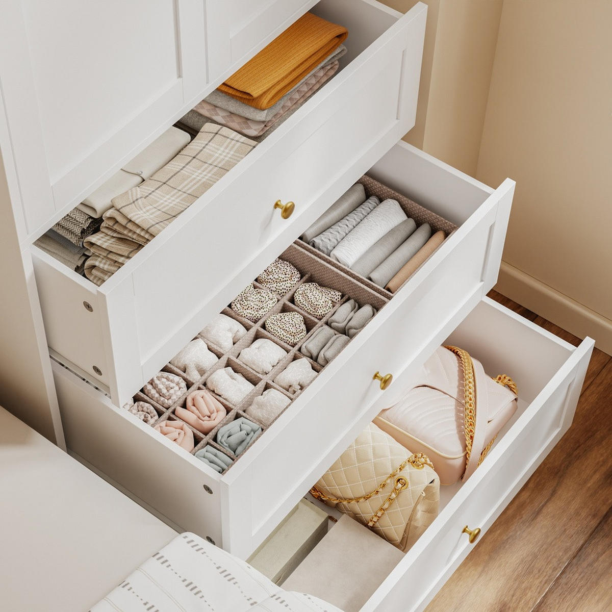 KLEIDERSCHRANK mit 2 Türen, 3 Schubladen und Kleiderstange Weiß 70x55x187cm - Ahornfarben, Fell (70/187/55cm) - SoBuy