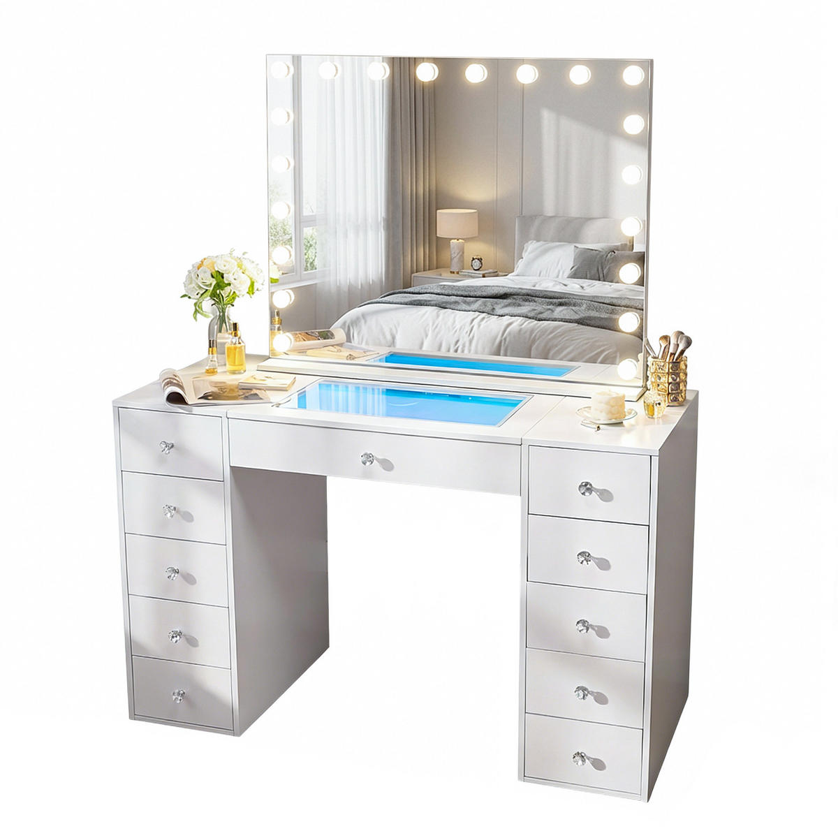 SCHMINKTISCH mit 11 Schubladen 130/55/81 CM und LED Beleuchtung Schminkspiegel 100 x 80 CM - Weiß, Holz/Metall (130/81/55cm) - VANITII