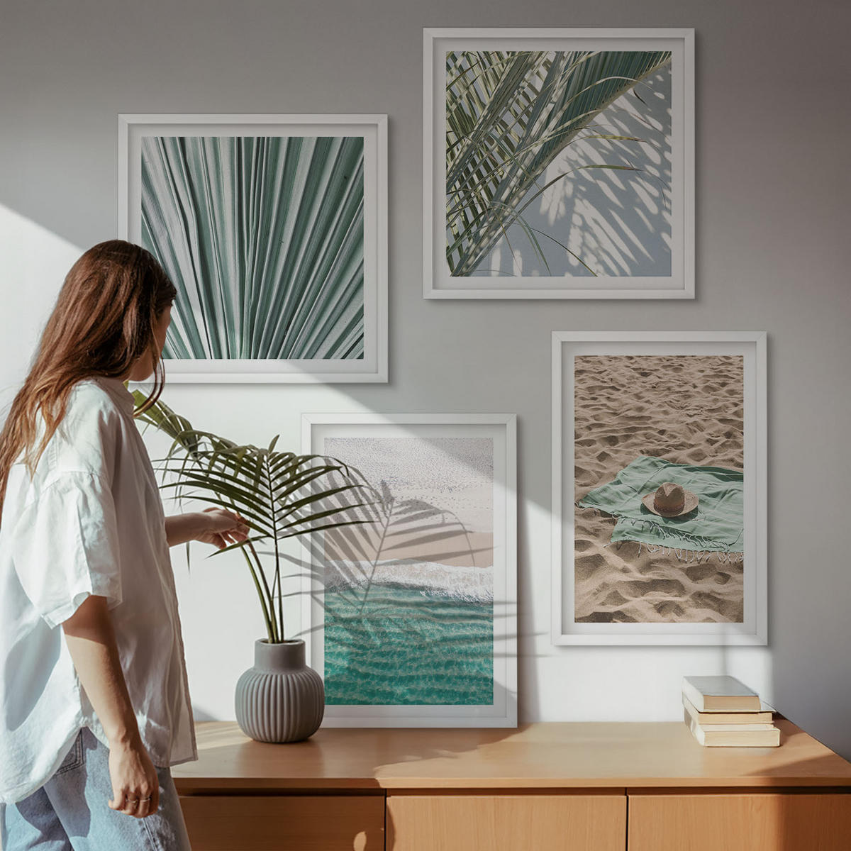 BILDER SET 4er Set - 50x50 cm & 40x60 cm Weißer Rahmen - Urlaubsblick Strand Meer - Weiß, Kunststoff (50/50cm) - TULUP