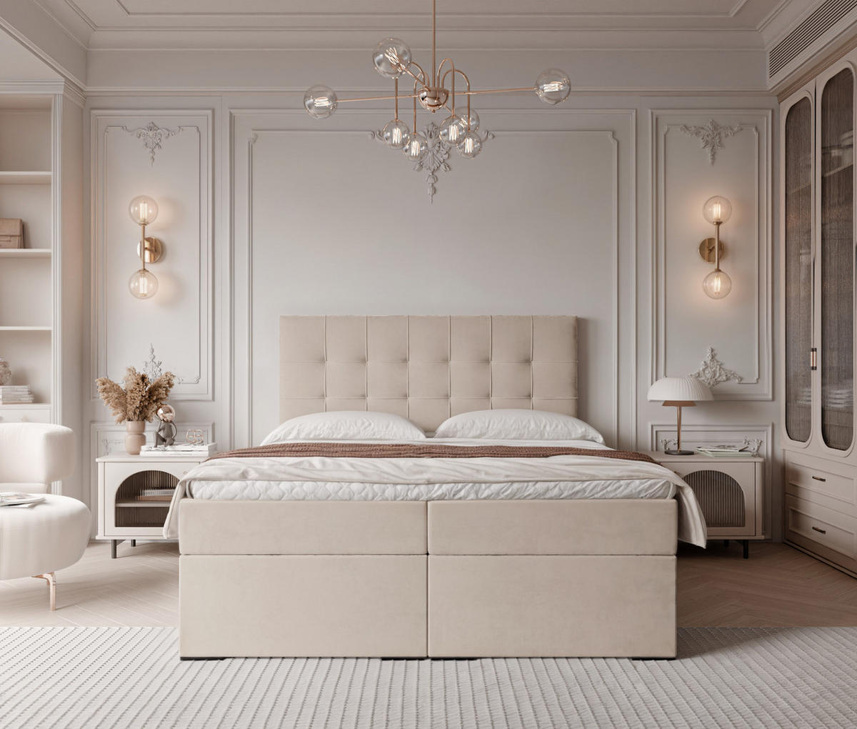 BOXBETT IMPERIAL 160/200 cm, in Creme, mit Matratze und Topper - Creme, Holzwerkstoff/Textil (160/200cm) - Idohome