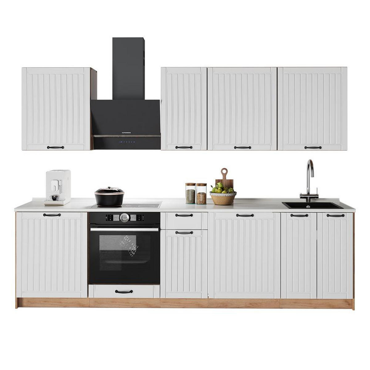 KÜCHENZEILE Fame-Line, Weiß Landhaus/Goldkraft Eiche, 280 cm, AP Marmor - Honigeiche/Weiß, Holzwerkstoff (280/206.8/60cm) - Vicco