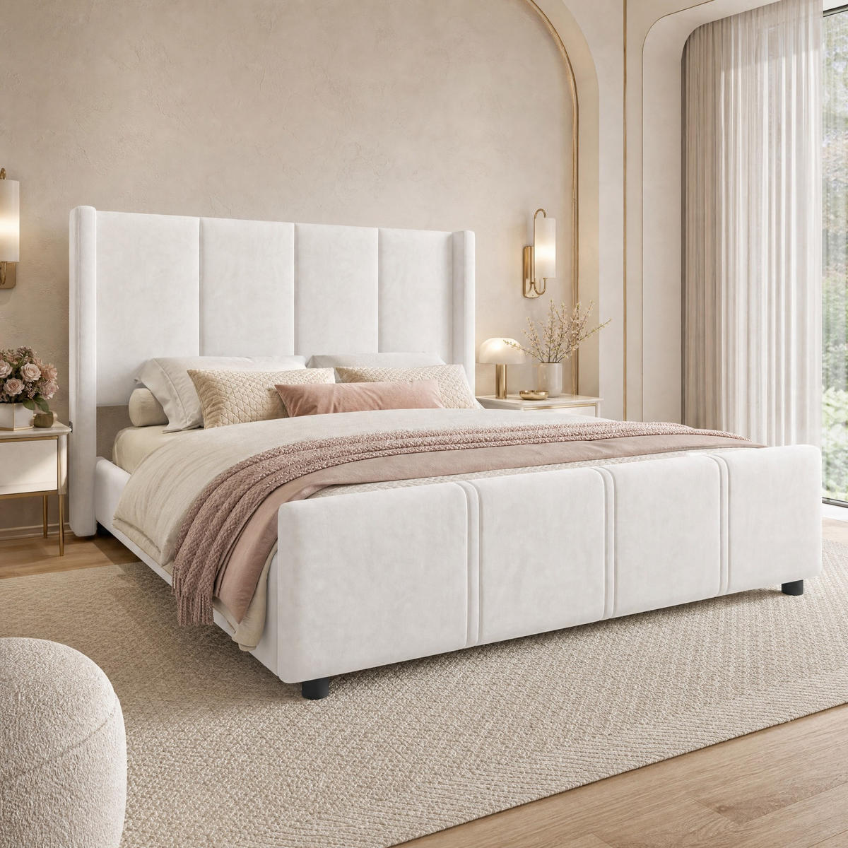 POLSTERBETT 140/200 cm in Beige Samt mit USB und hohem Kopf- & Fußteil - Beige, Holzwerkstoff/Textil (140/200cm) - CHICFURN