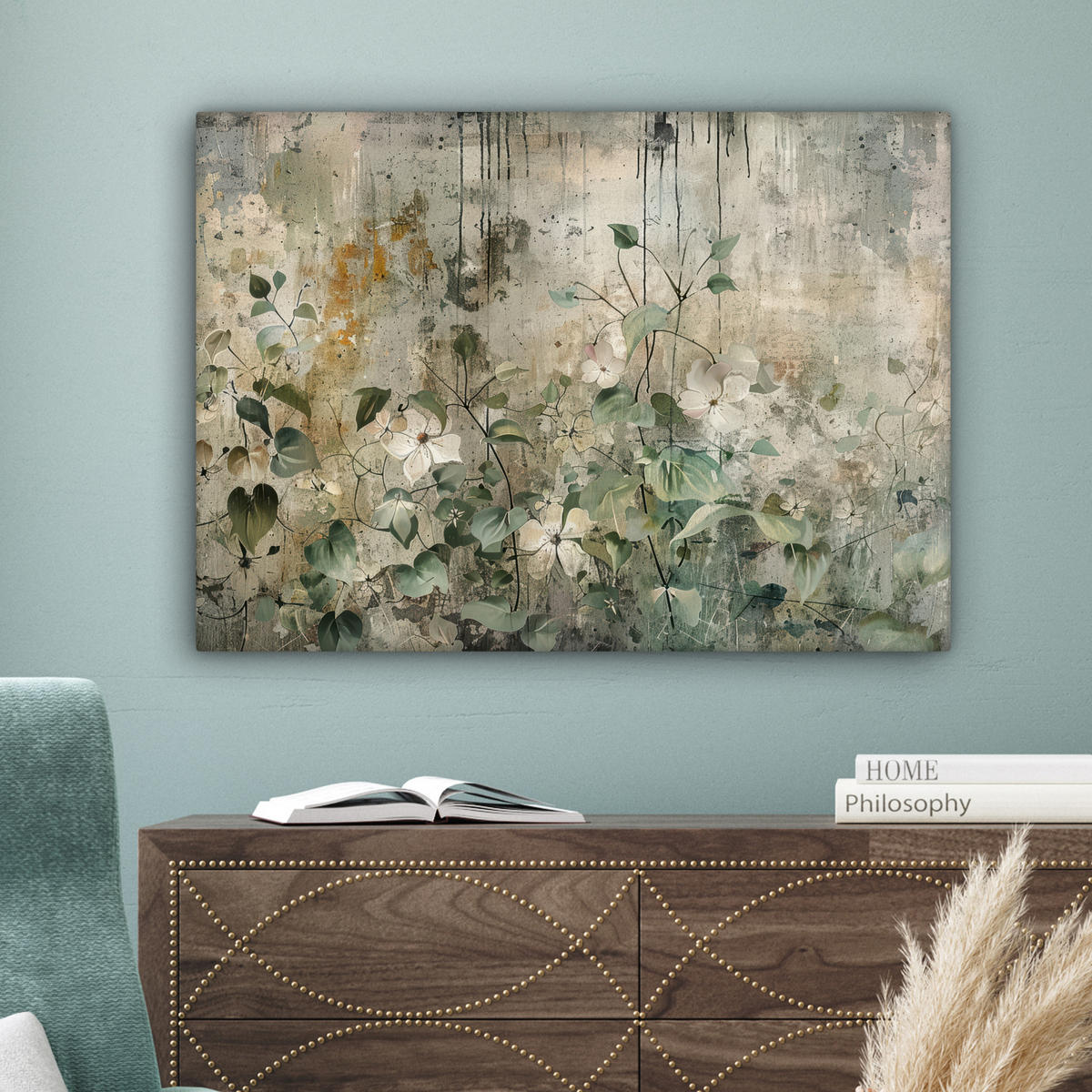OBRAZ NA PLÁTNE Kvety - listy - abstraktné - moderné 80x60 cm - sivá, textil (80/60cm) - MuchoWow