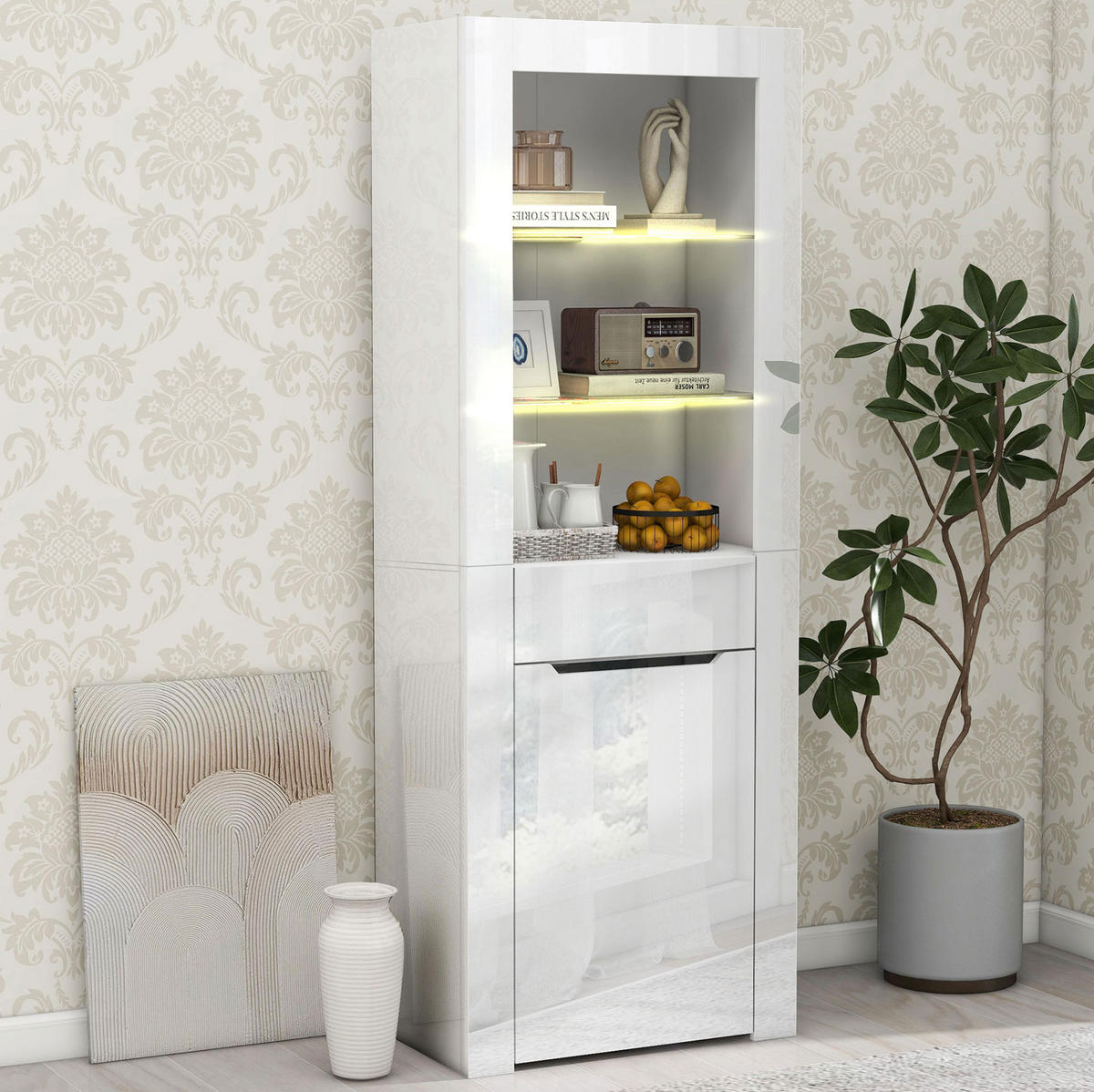 VITRINE 60/35,5/165 cm mit App-LED-Beleuchtung, 1 Schublade und 2 Regalen aus Spanplatte, Weiß - Weiß, Holzwerkstoff (60/165/35.5cm) - Redom