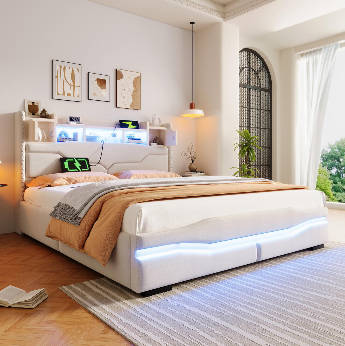 POLSTERBETT aus Leinen und MDF 160x200 cm Beige mit hydraulischem Stauraum, LED und USB-C - Beige, Textil (160/200cm) - IVMEU