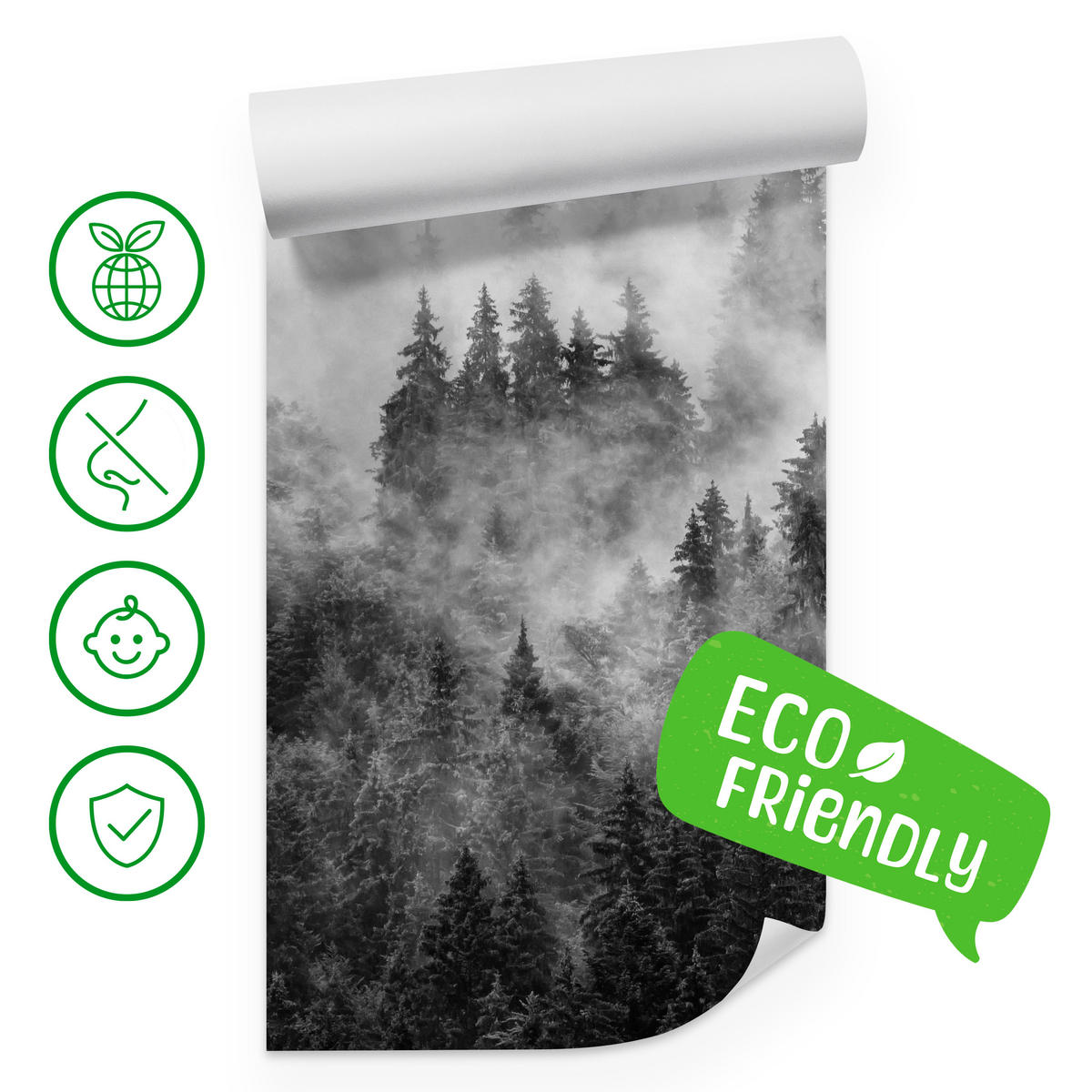 FOTOTAPETE für Wohnzimmer Dichter Nebel Forst Bäume 500x350 - Schwarz/Weiß, Papier (500/350cm) - Muralo