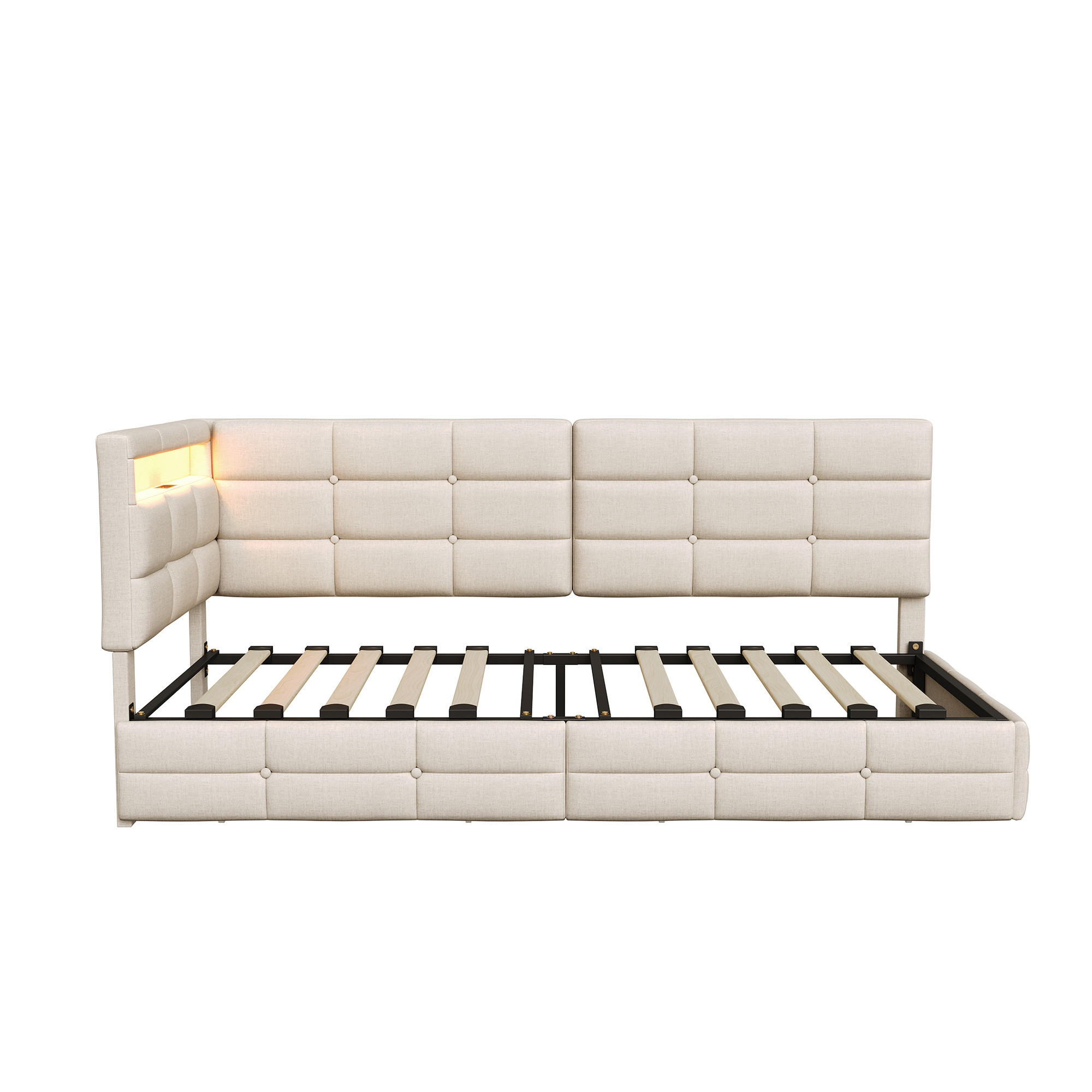 POLSTERBETT Reversibel 90/200 cm mit 2 Schubladen & RGB-LED Leinenoptik Beige - Beige, Textil (90/200cm) - Creahappy