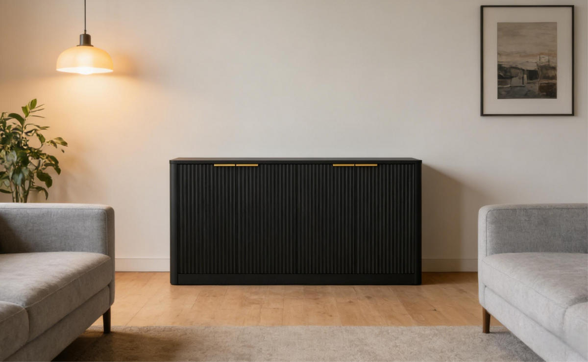 SIDEBOARD 150/40/70,5 cm in Schwarz mit 4 Türen und Wellenfront - Schwarz, Holzwerkstoff (150/70.5/40cm) - Flora Grace
