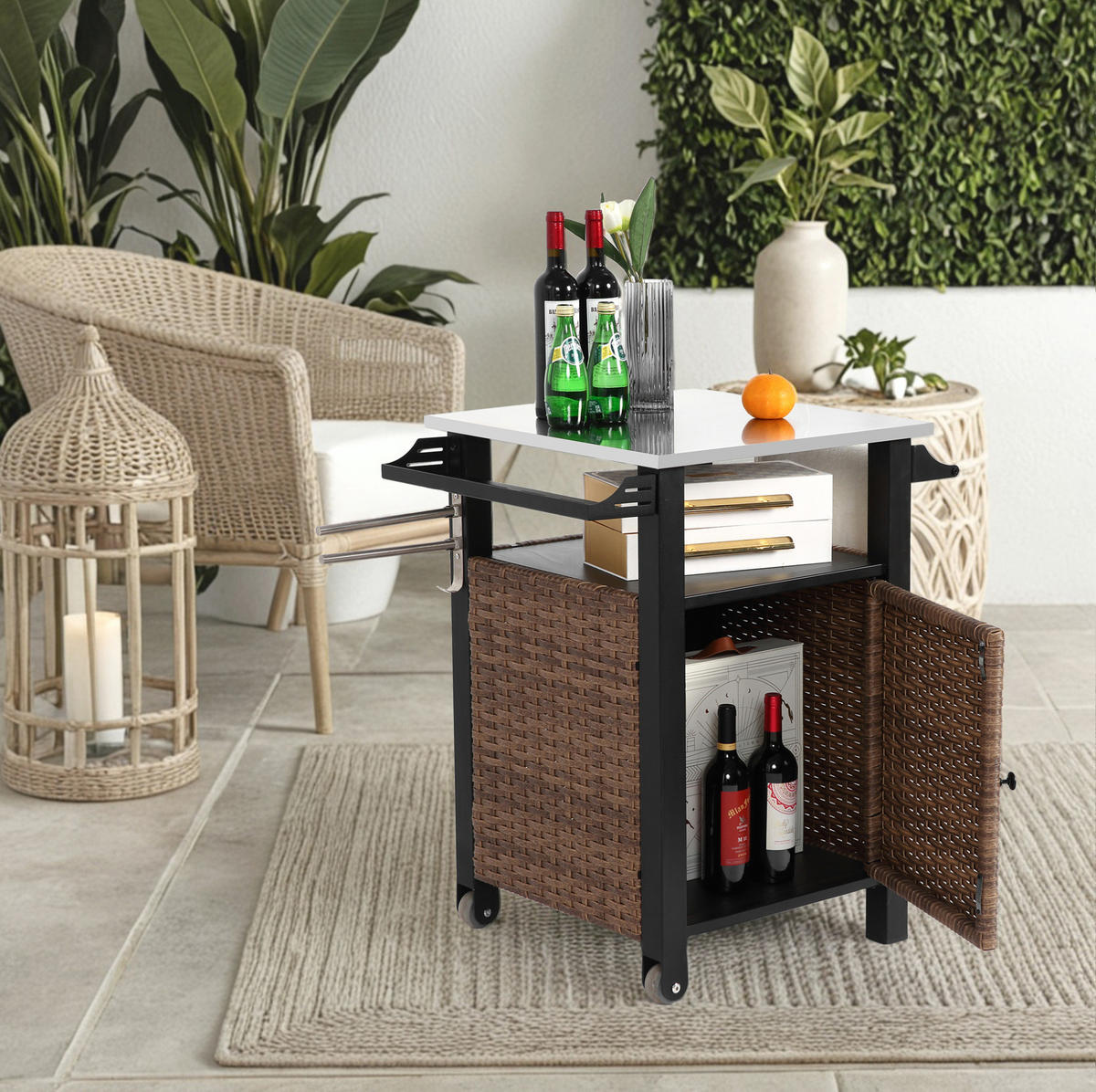 KÜCHENINSEL Barwagen 76x57x85cm braun Korbgeflecht/Edelstahl mit ausklappbarer Platte & Stauraum - Braun, Metall (57/85/76cm) - Modfu