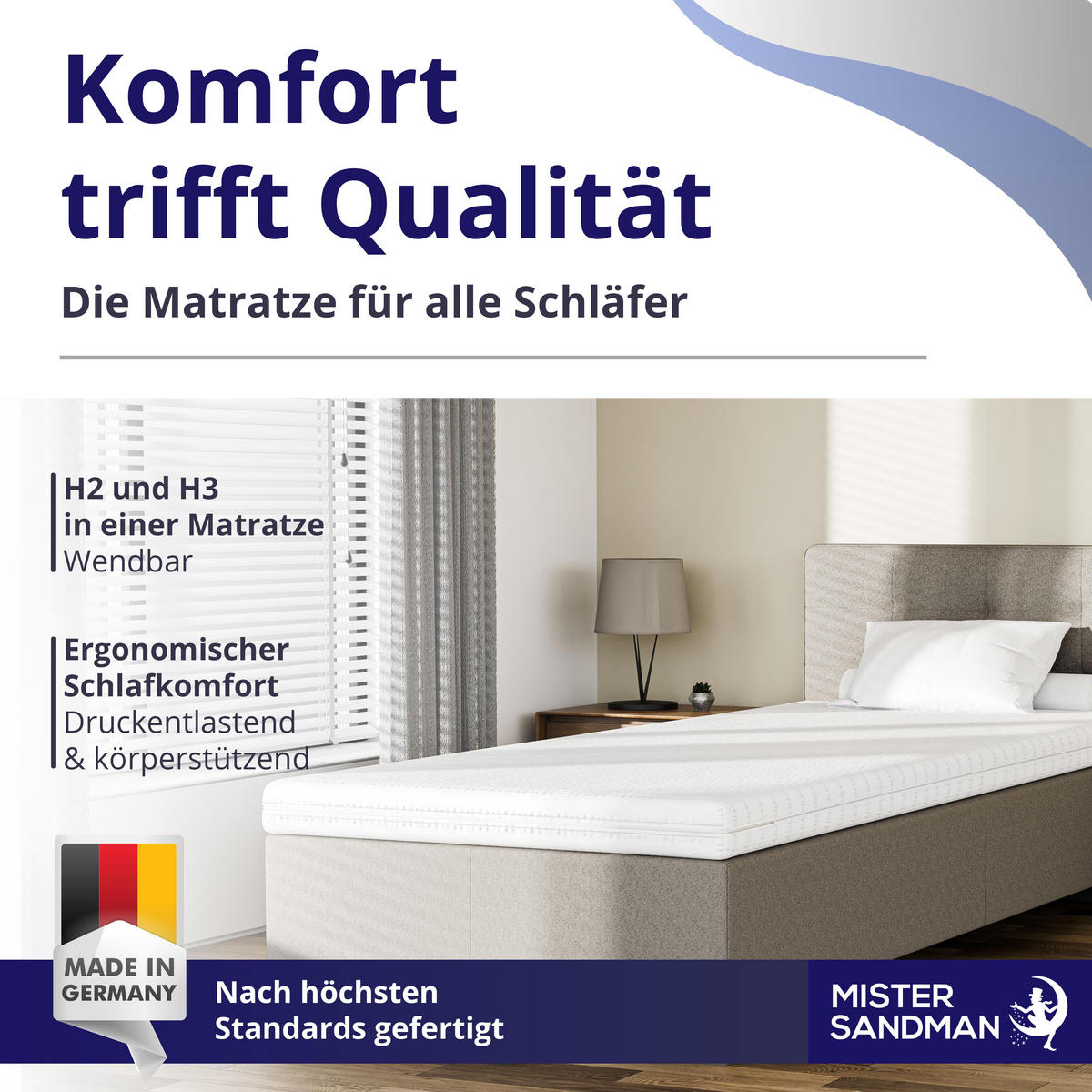 MATRATZE 200x200 cm H2 H3 Höhe 15cm - 7-Zonen Kaltschaummatratze, Wendematratze mit waschbarem Bezug - Weiß, Textil (200/200cm) - Mister Sandman