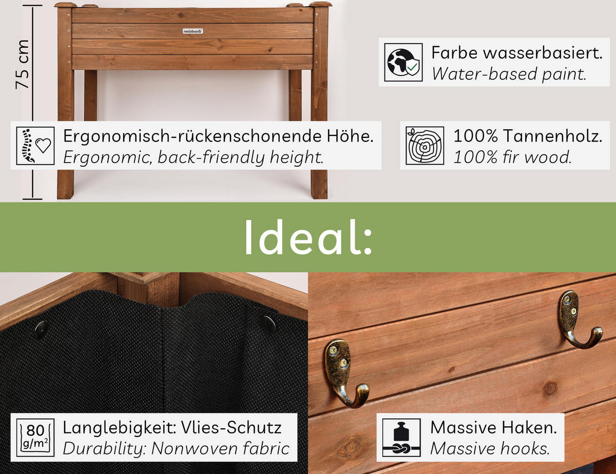 HOCHBEET aus Holz für Garten & Balkon, rechteckig mit Vlies-Folie - Braun, Holz (100/75/50cm) - needs&wants