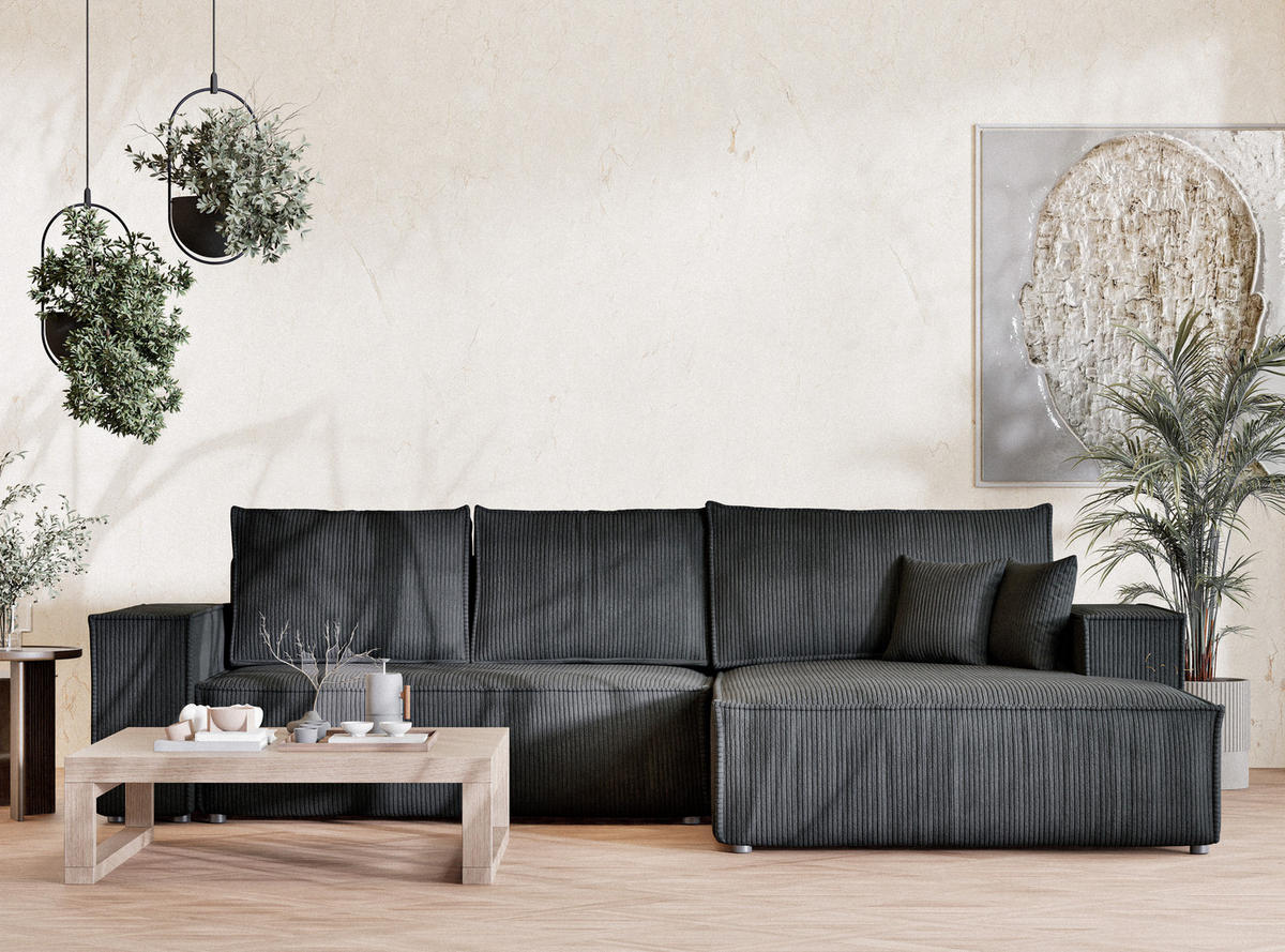 ECKSOFA MIT SCHLAFFUNKTION Maze Anthrazit Samtstoff - Anthrazit/Schwarz, Holz/Holzwerkstoff (294/185cm) - Maison de Reve