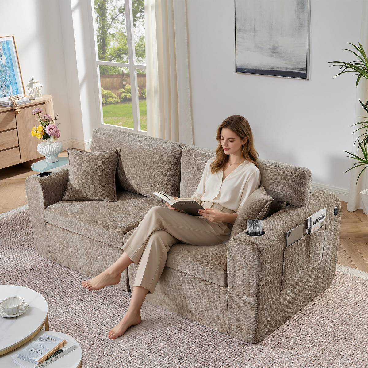 2-SITZER SOFA Chenille Braun mit USB, Getränkehalter, Tasche und Kissen - Braun, Textil (220/89/100cm) - WISHDOR
