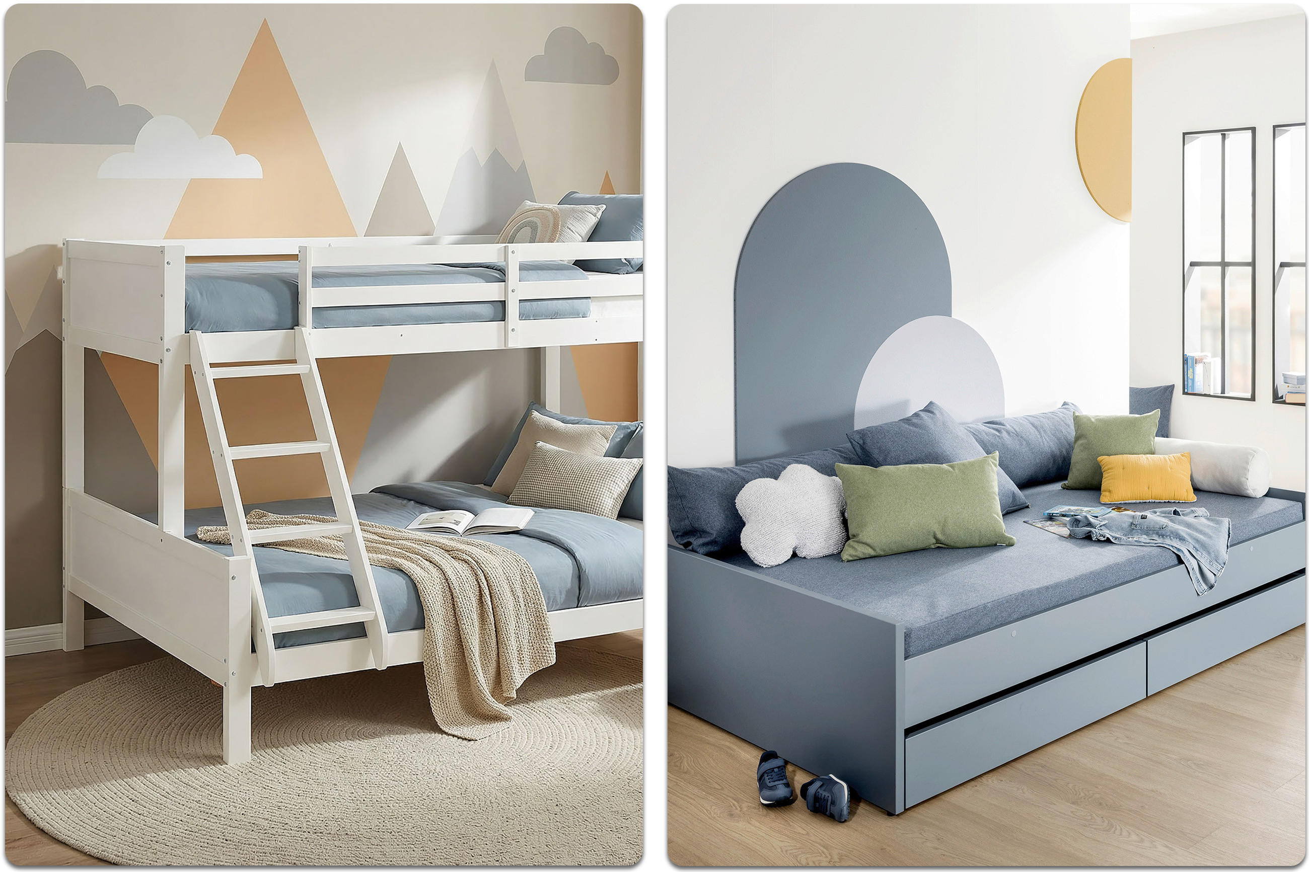 TKinderzimmer mit weißem Etagenbett vor Wand mit geometrischen Dreiecken und Sitzbank mit blauen Kissen vor Wand mit halbkreisförmigen Farbflächen.