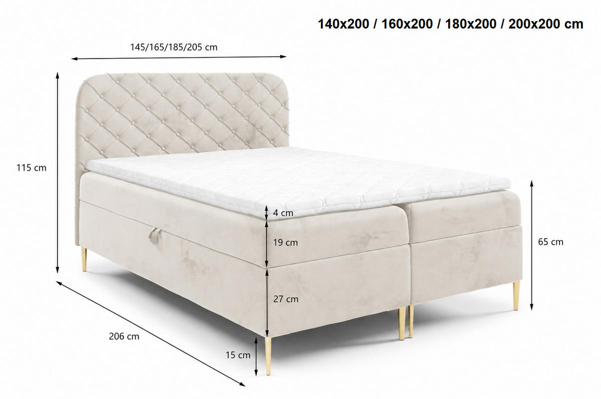 BOXSPRINGBETT 180x200 Elara, Chesterfield, 15 cm Beine, Matratze, Creme - Creme, Holz/Textil (180/200cm) - Emporius