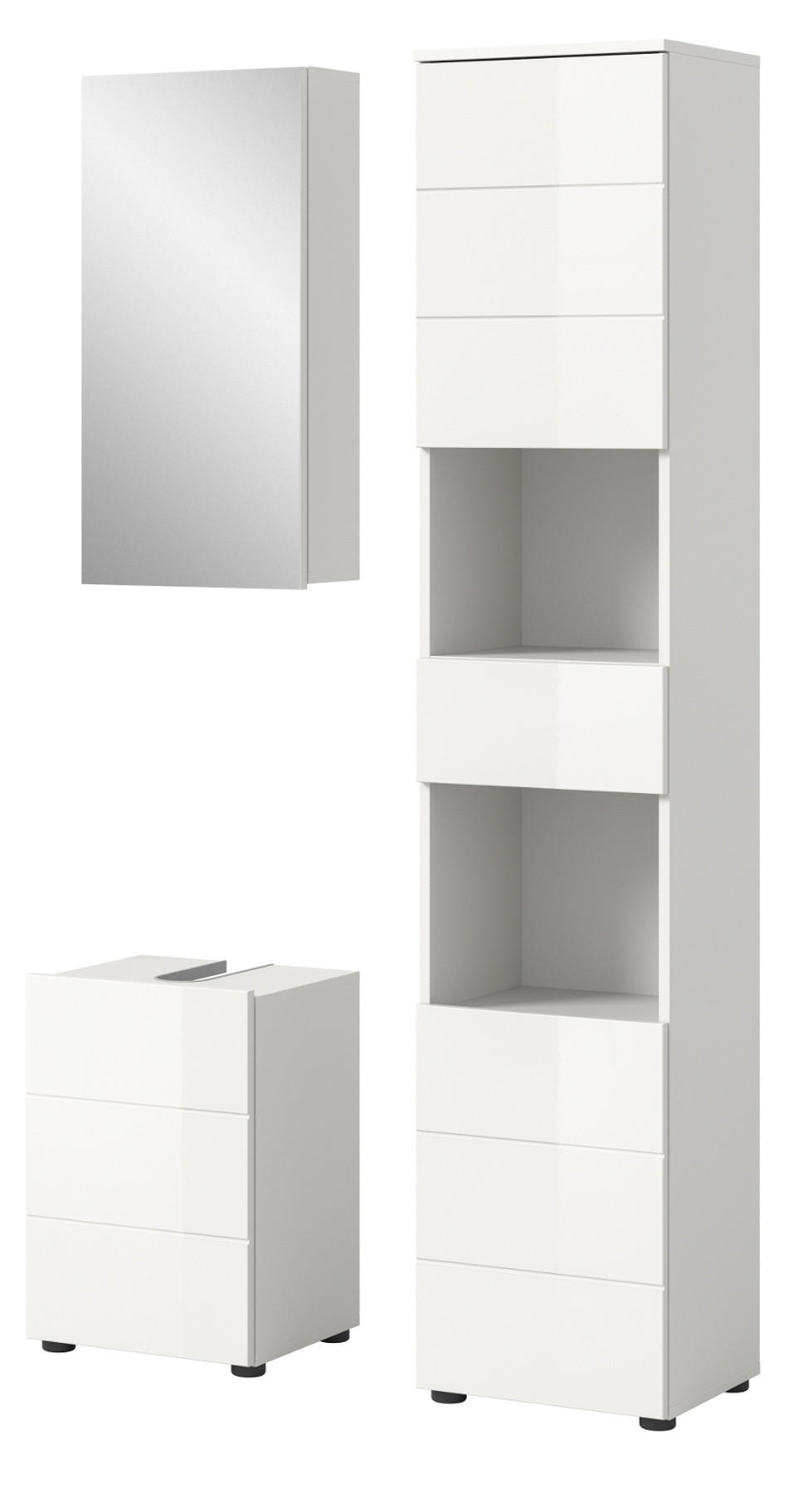 BADMÖBEL Set 3-teilig weiß Hochglanz 91 x 190 cm, Badkombination modern - Weiß Hochglanz/Schwarz, Holzwerkstoff/Kunststoff (91/190/34cm) - Inn.Furn