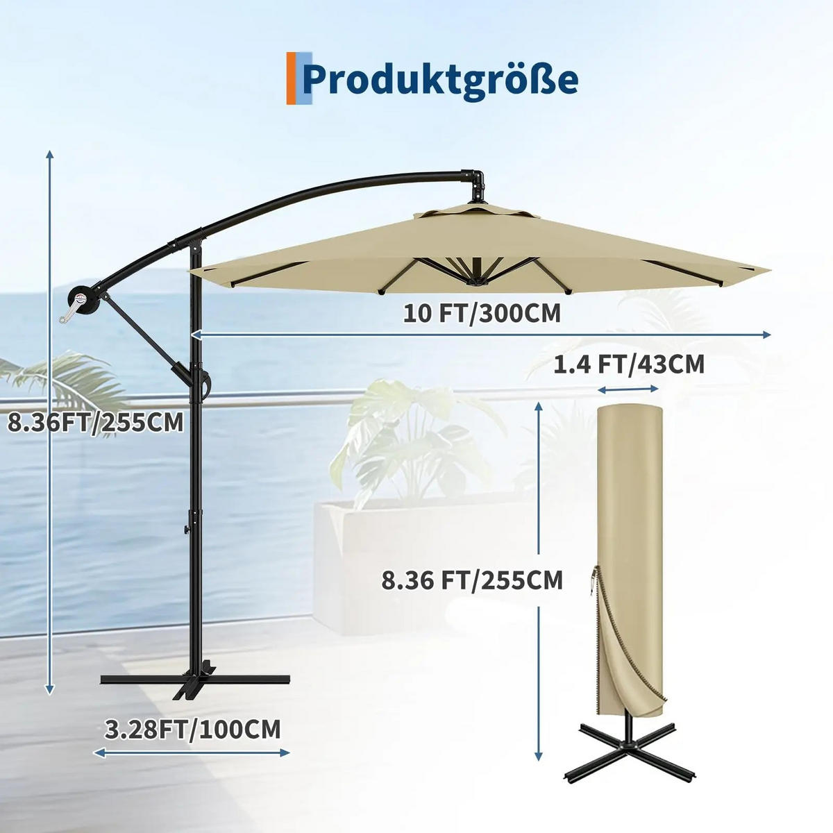 SONNENSCHIRM 300cm Freiarm,360 ° Drehbarer Kurbel- und Neigungsmechanismus - Hellgelb, Textil (300/300cm) - Kaket