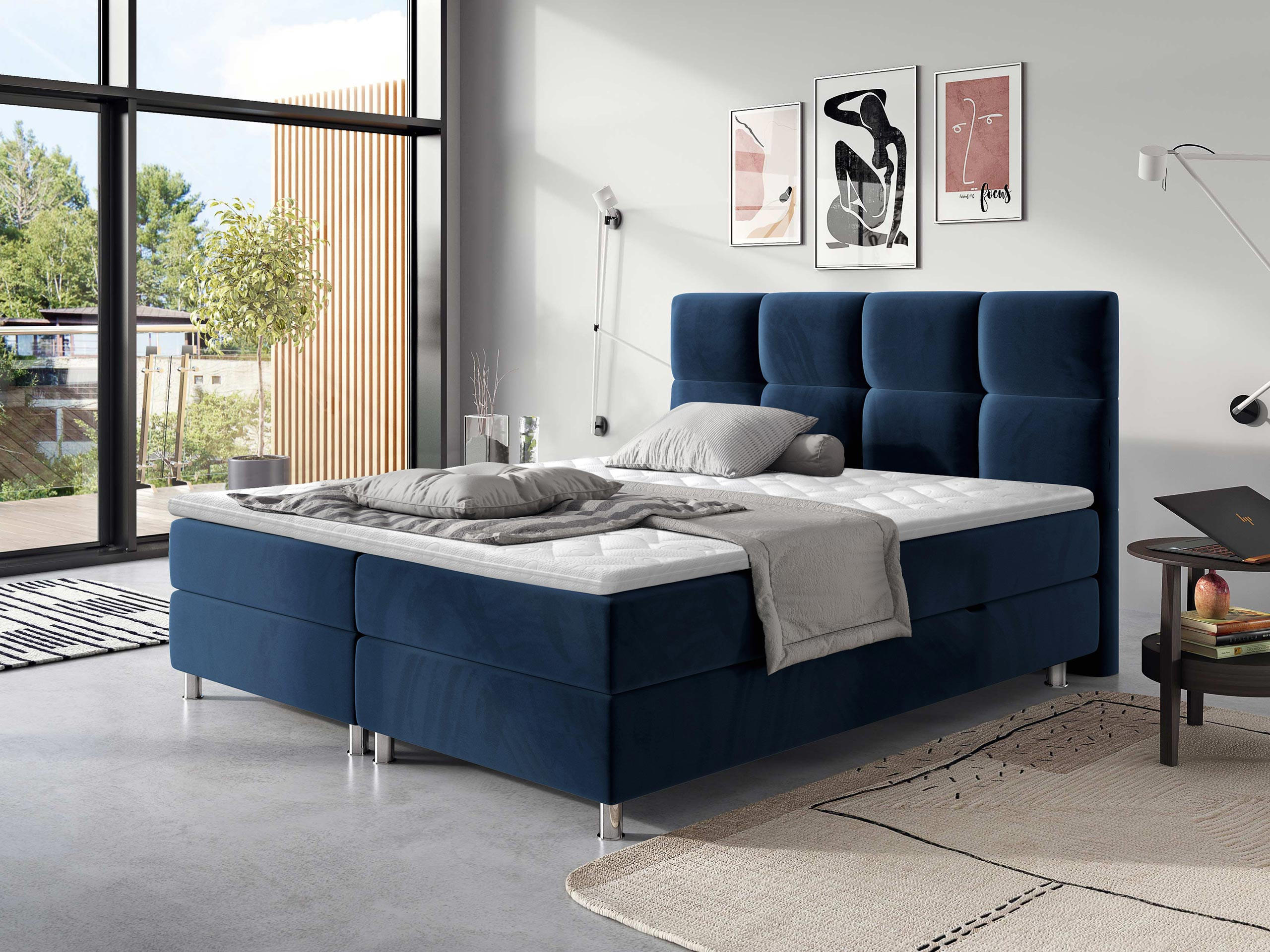 BOXBETT Dave - Chromfarben/Dunkelblau, Holz/Textil (140/200cm) - MIRJAN24