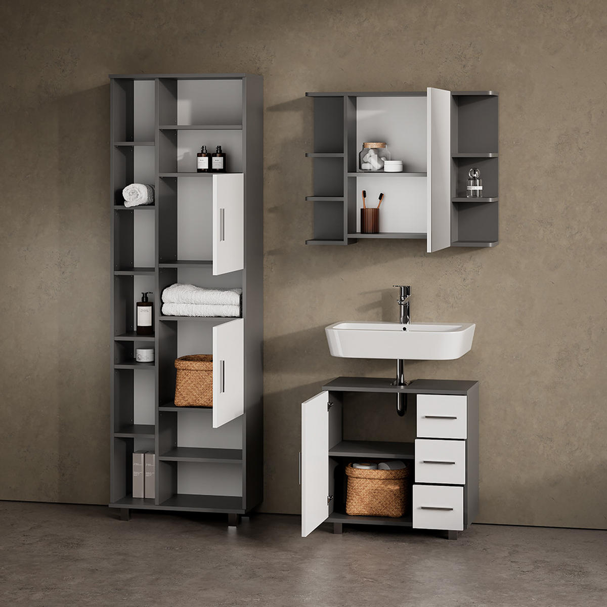 BADMÖBEL-SET Eisak Anthrazit 2 Teile - Anthrazit/Weiß, Holzwerkstoff (60/60/33cm) - Livinity®