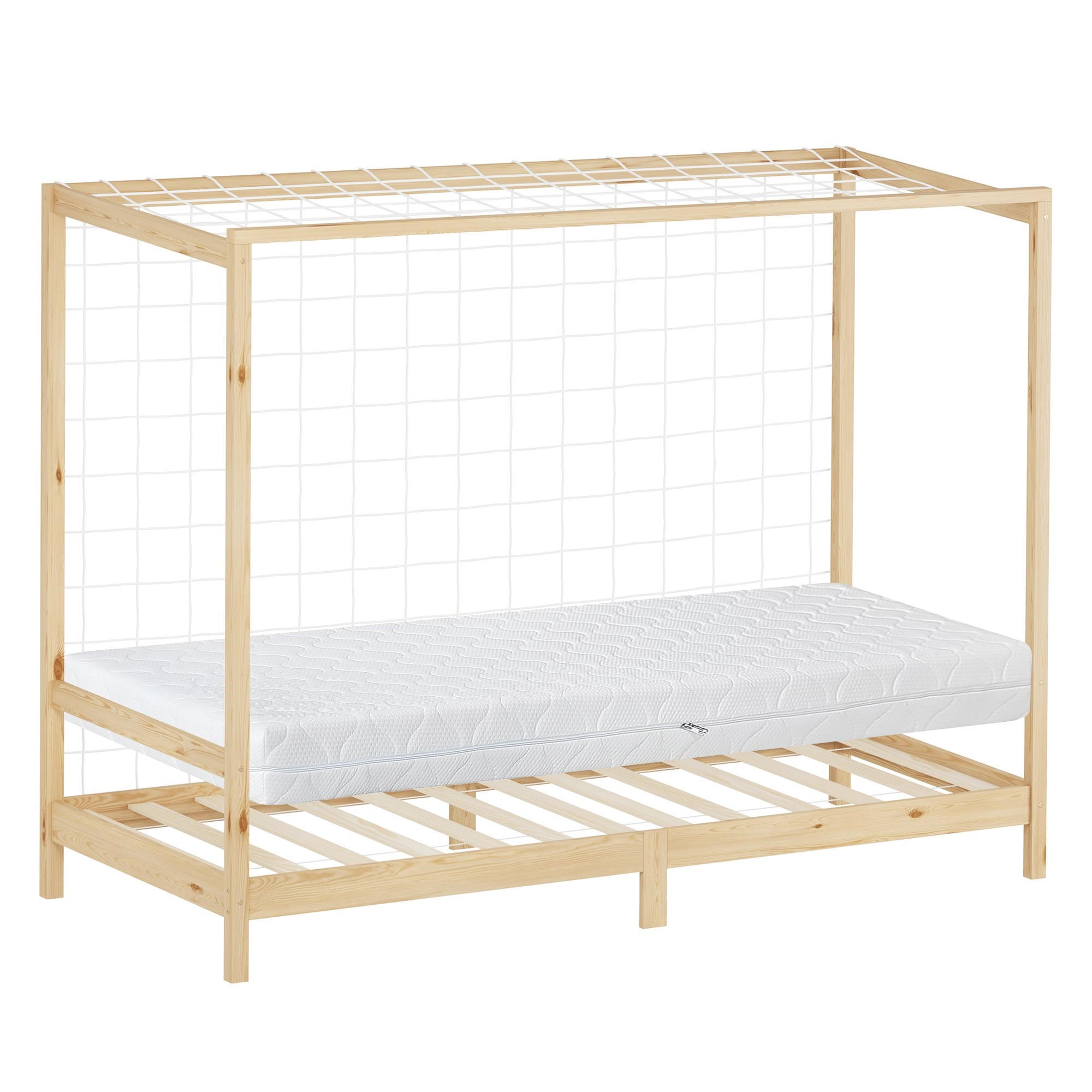 ML-DESIGN DĚTSKÁ POSTEL ve tvaru fotbalové brány 90 x 200 cm s matrací, výška: 16 cm, přírodní borové dřevo