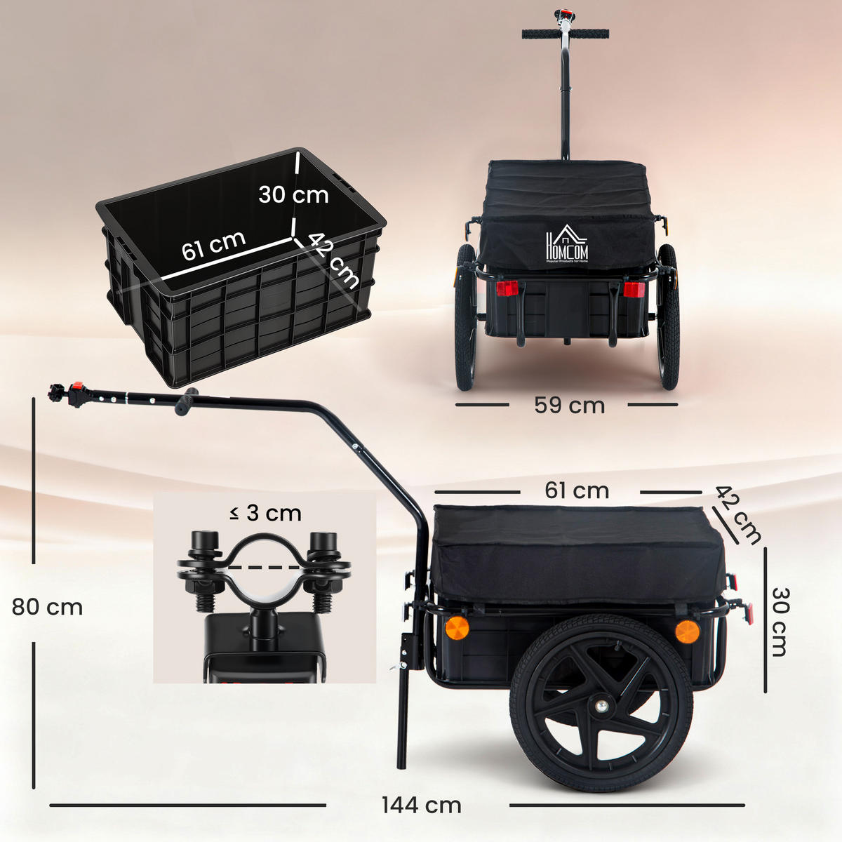 FAHRRADANHÄNGER Lastenanhänger 40 kg Belastbarkeit Transportanhänger Stahl - Schwarz, Metall (59/80/144cm) - HOMCOM