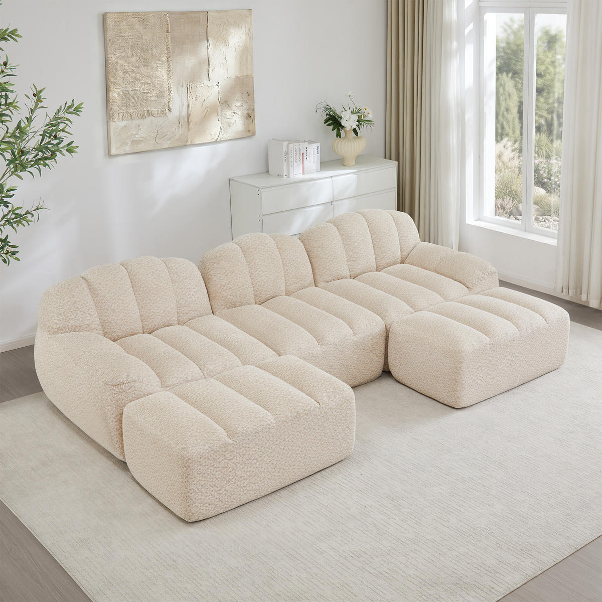 WOHNLANDSCHAFT Granulierter Fleece Beige mit Ottomanen - Beige, Textil (188/79/165cm) - WISHDOR