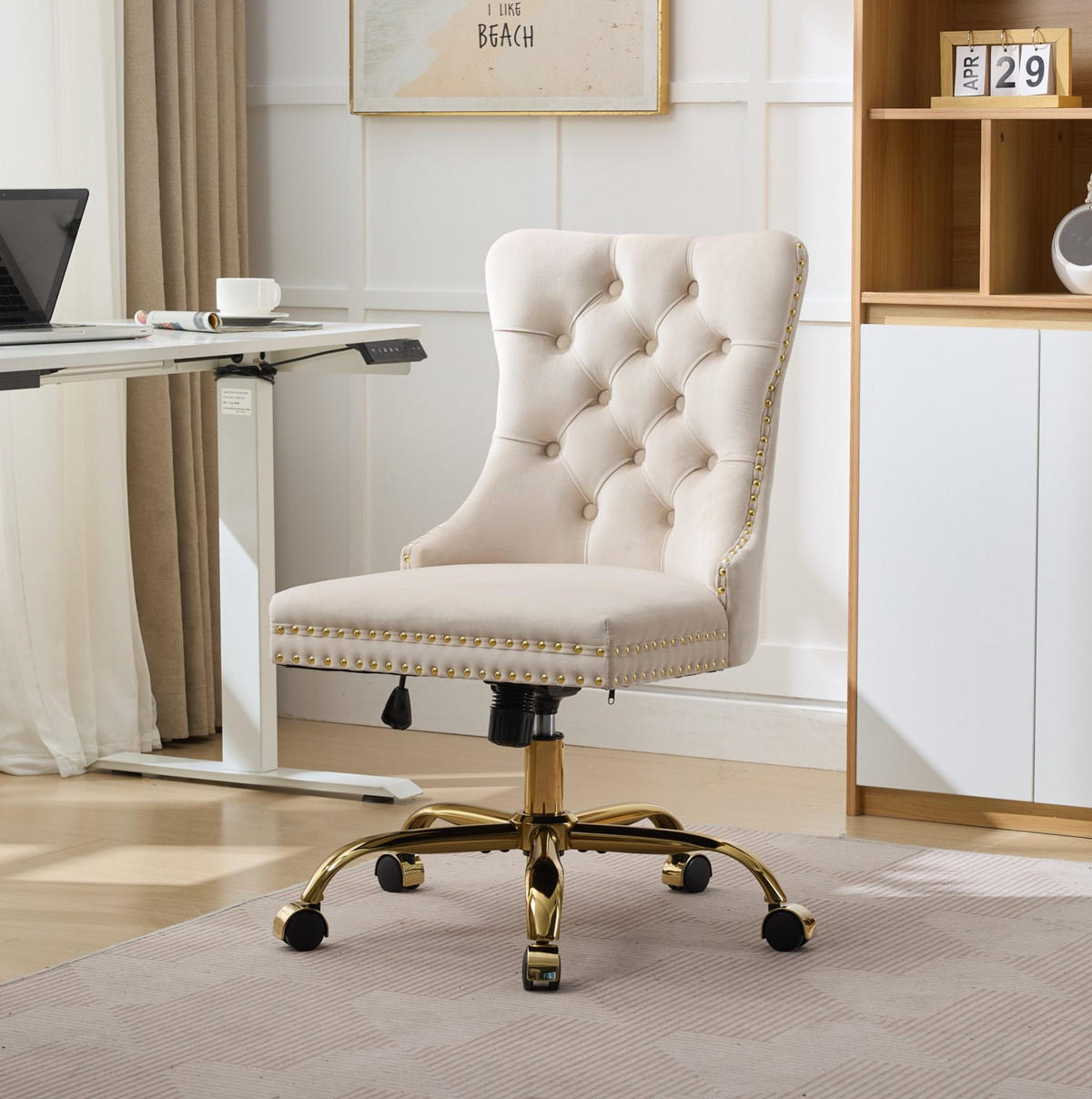 BÜROSTUHL Samt Beige mit goldfarbenem Metallgestell - Beige, Metall (50/98/63cm) - Meubliv