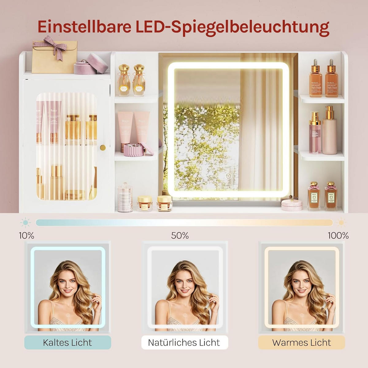 SCHMINKTISCH mit RGB- und LED-Beleuchtung Weiß - Weiß, Glas/Holzwerkstoff (104/136/40cm) - Woltu