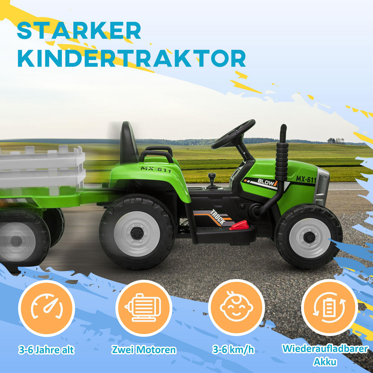 KINDER ELEKTROAUTO, Blau/Grün/Rot, Kunststoff+ Metall - Grün, Metall (136.5/50/52.5cm) - HOMCOM