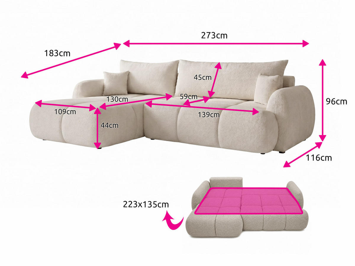 ECKSOFA Loria, Seite: Links - Schwarz/Rosa, Holz/Kunststoff (273/183cm) - Sofnet