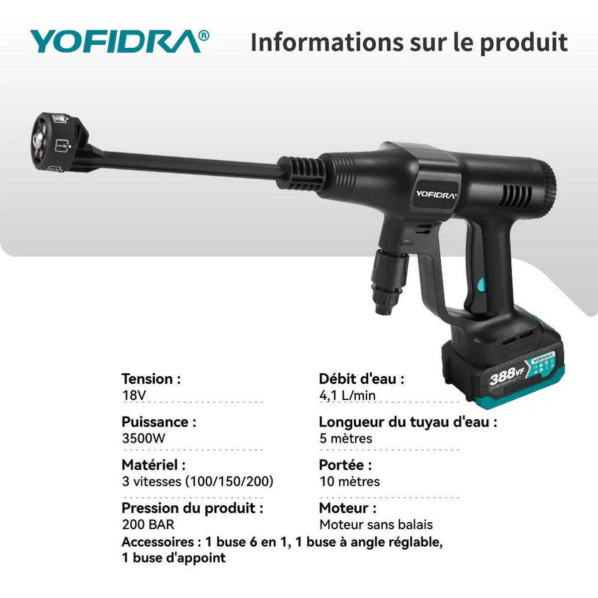 ELEKTRO-HOCHDRUCKREINIGER 6IN1 200Bar Bürstenloser für Makita Akku, Mit 2 Batterien - Schwarz, Kunststoff (41.5/23cm) - Coonoor