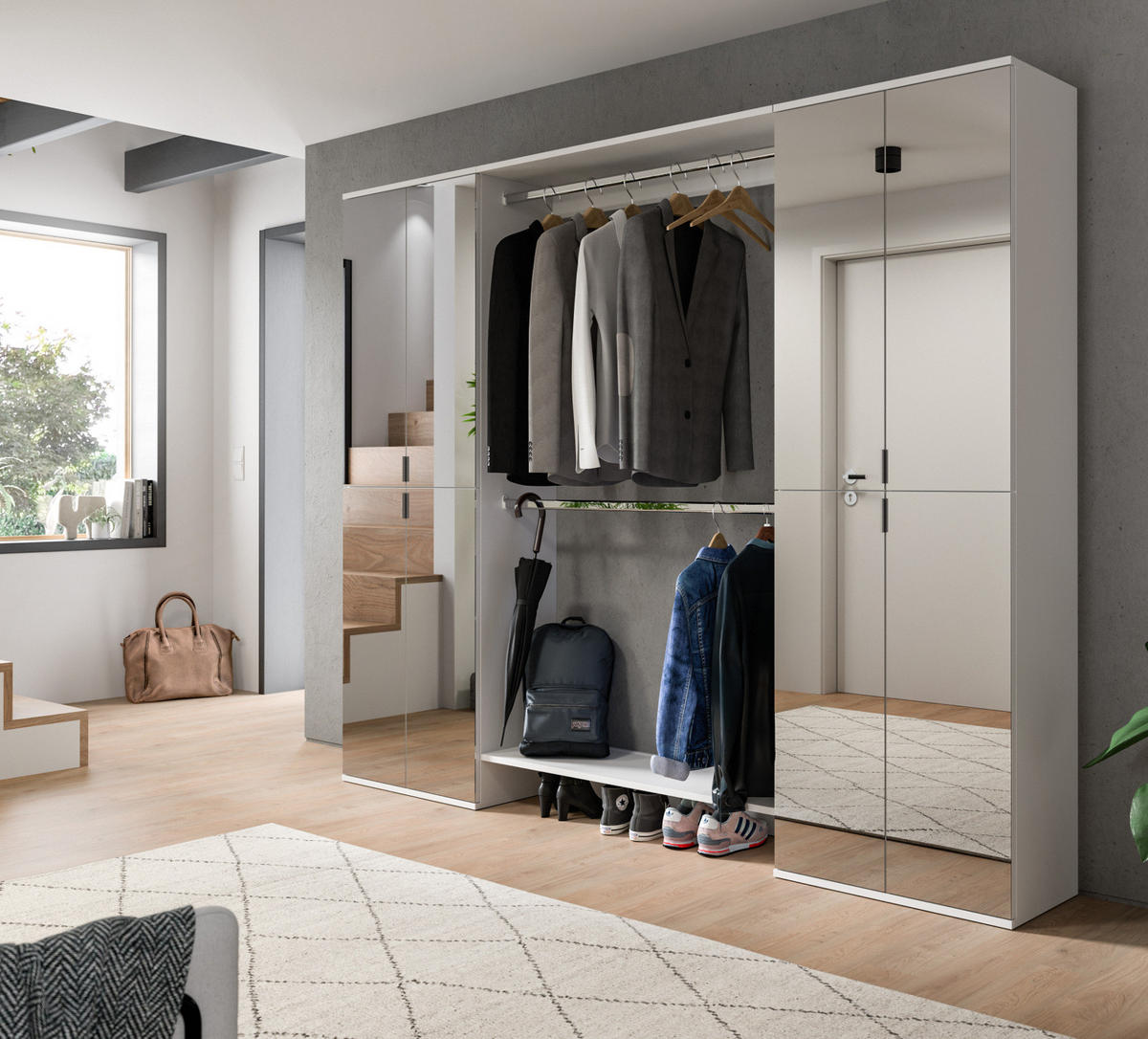GARDEROBENSCHRANK weiß 232 cm, Flurgarderobe XXL mit Spiegeltüren - Chromfarben/Weiß, Holzwerkstoff/Kunststoff (232/193/34cm) - Inn.Furn